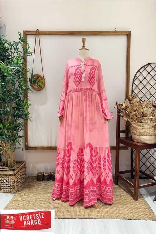 İPLİ ETNİK ELBİSE PEMBE