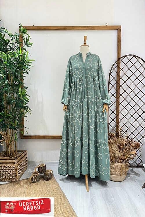 VERRA YALDIZLI KETEN ELBİSE Yeşil