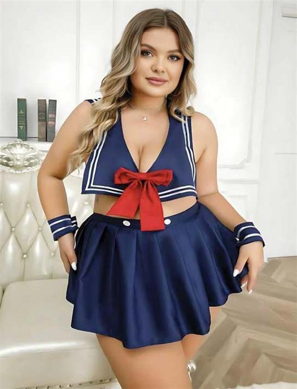 Arias Closet Büyük Beden Lacivert Büstiyerli Kurdela Detaylı Mini Etekli Fantezi Denizci Kostümü