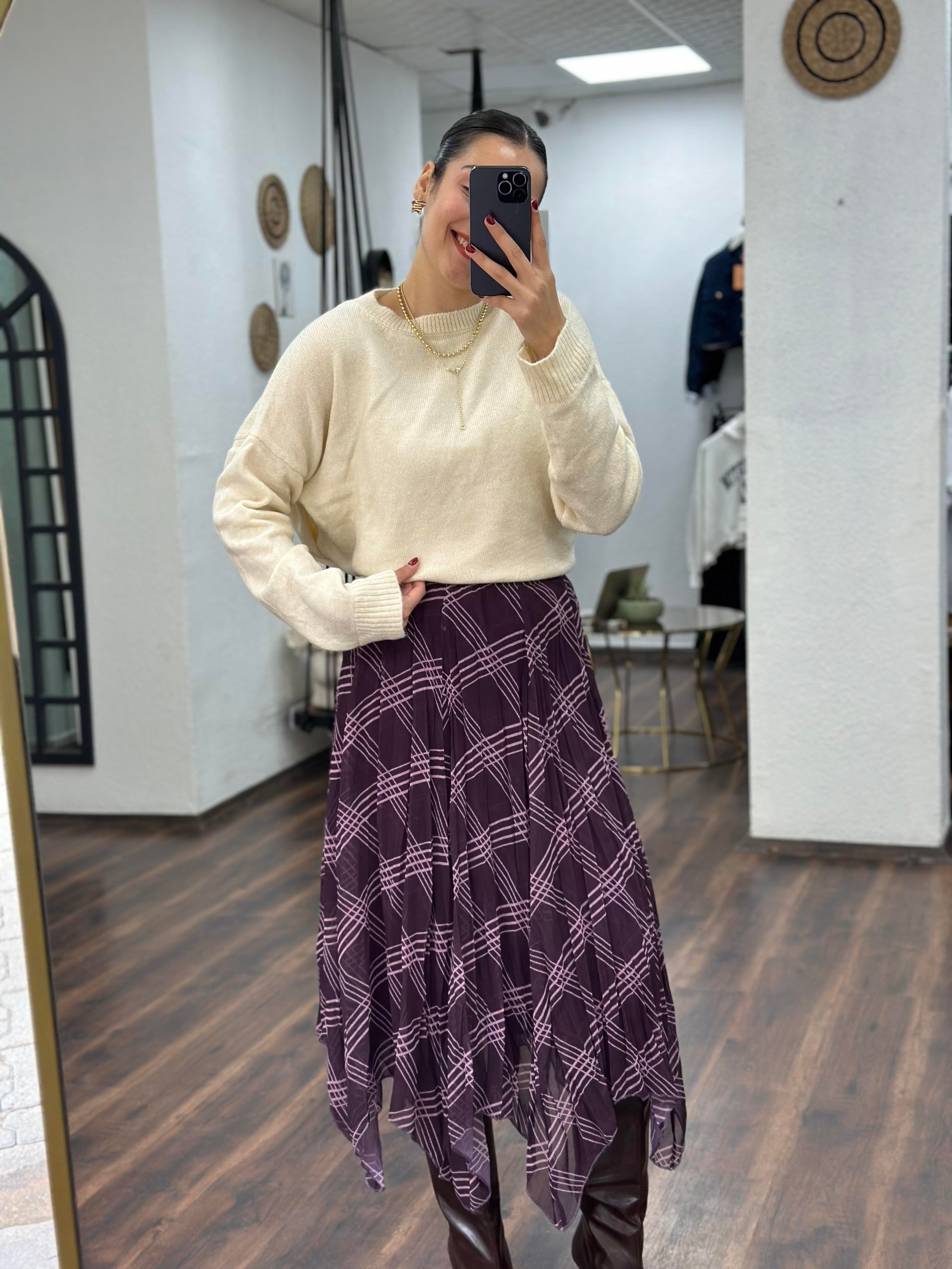Bordo Ekoseli Asimetrik Etek