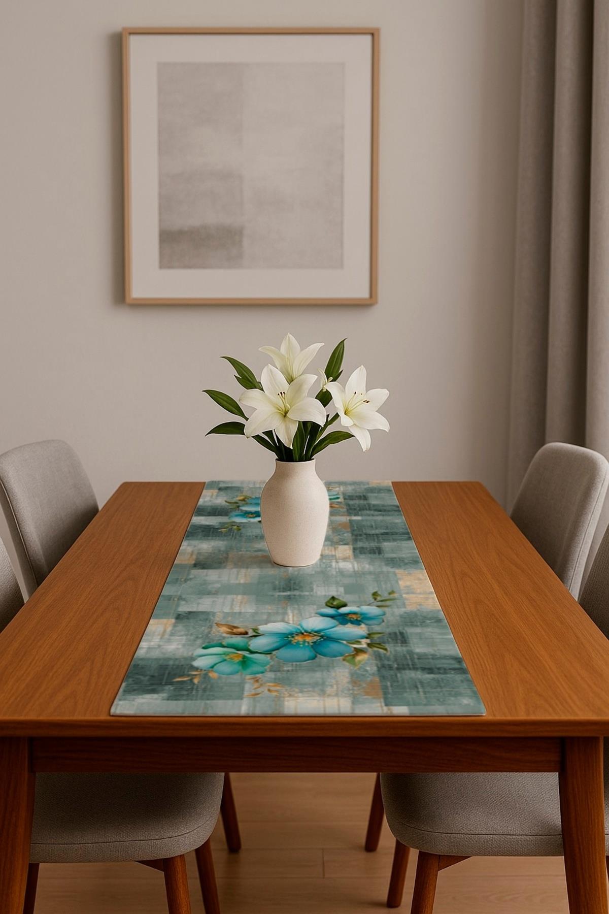 Dijital Baskılı Yeşil Floral Desenli Dekoratif Masa Runner