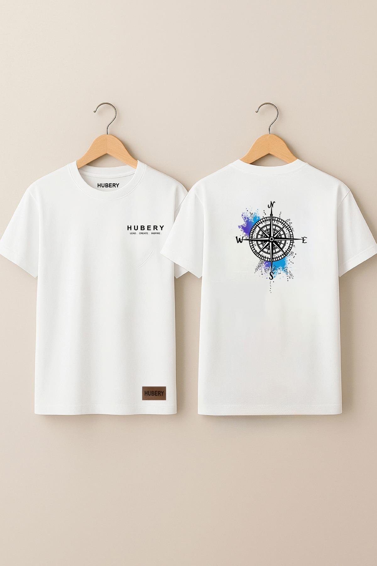 Erkek Tişört - %100 Pamuk - Relaxed Fit - Sırt Baskılı Pusula Desen /hubery