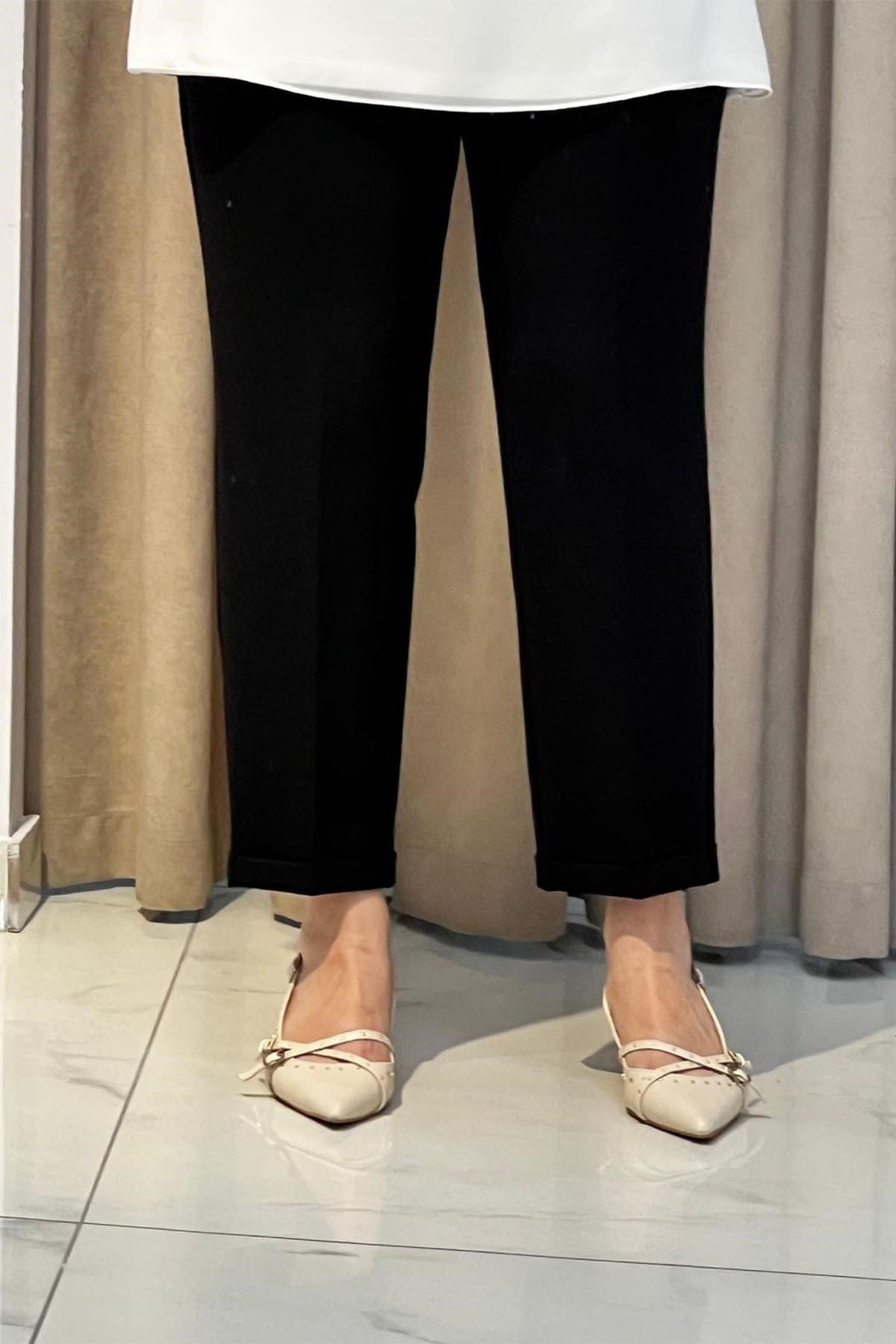 Beli Lastikili Duble Paça Kumaş Pantolon Siyah