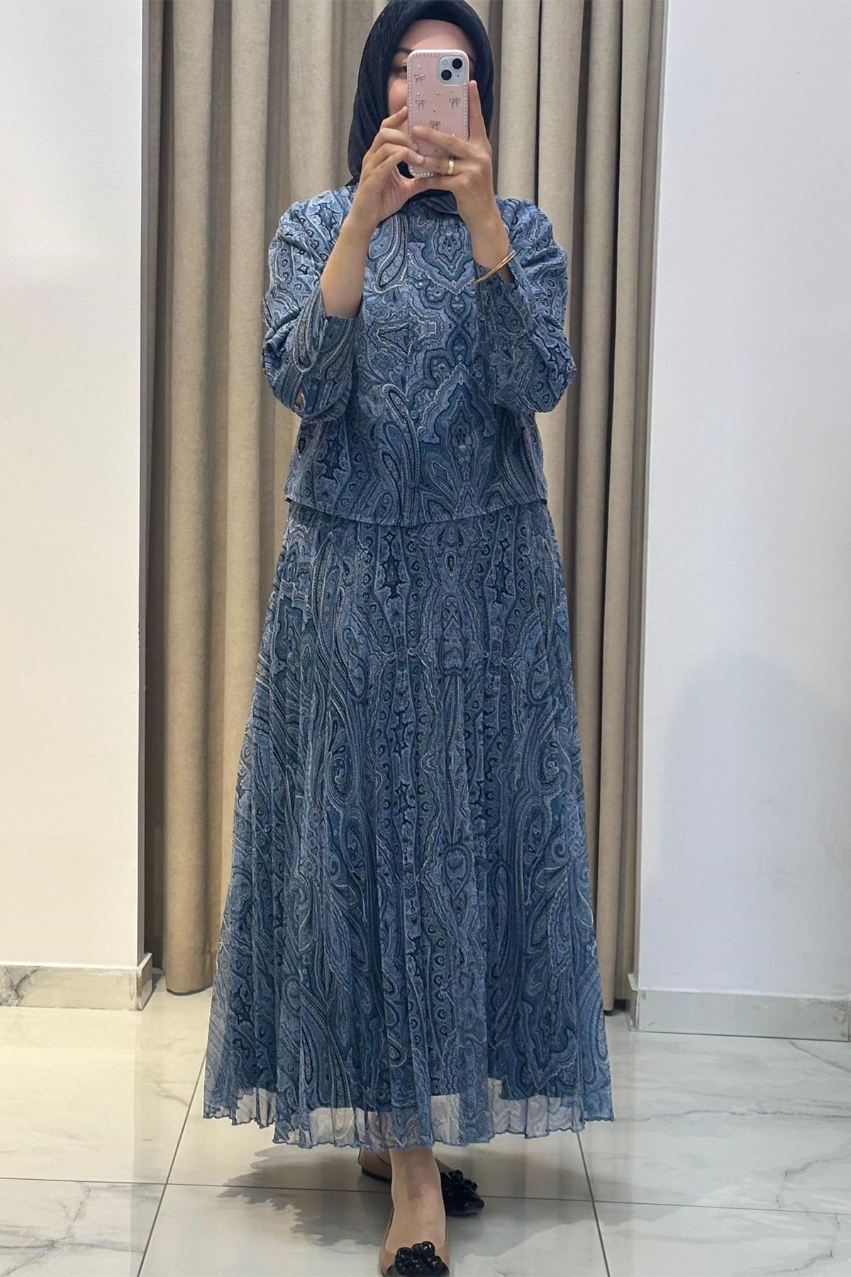 Ethnic Pliseli Etekli Soft-Touch Şifon Takım Bebe Mavisi