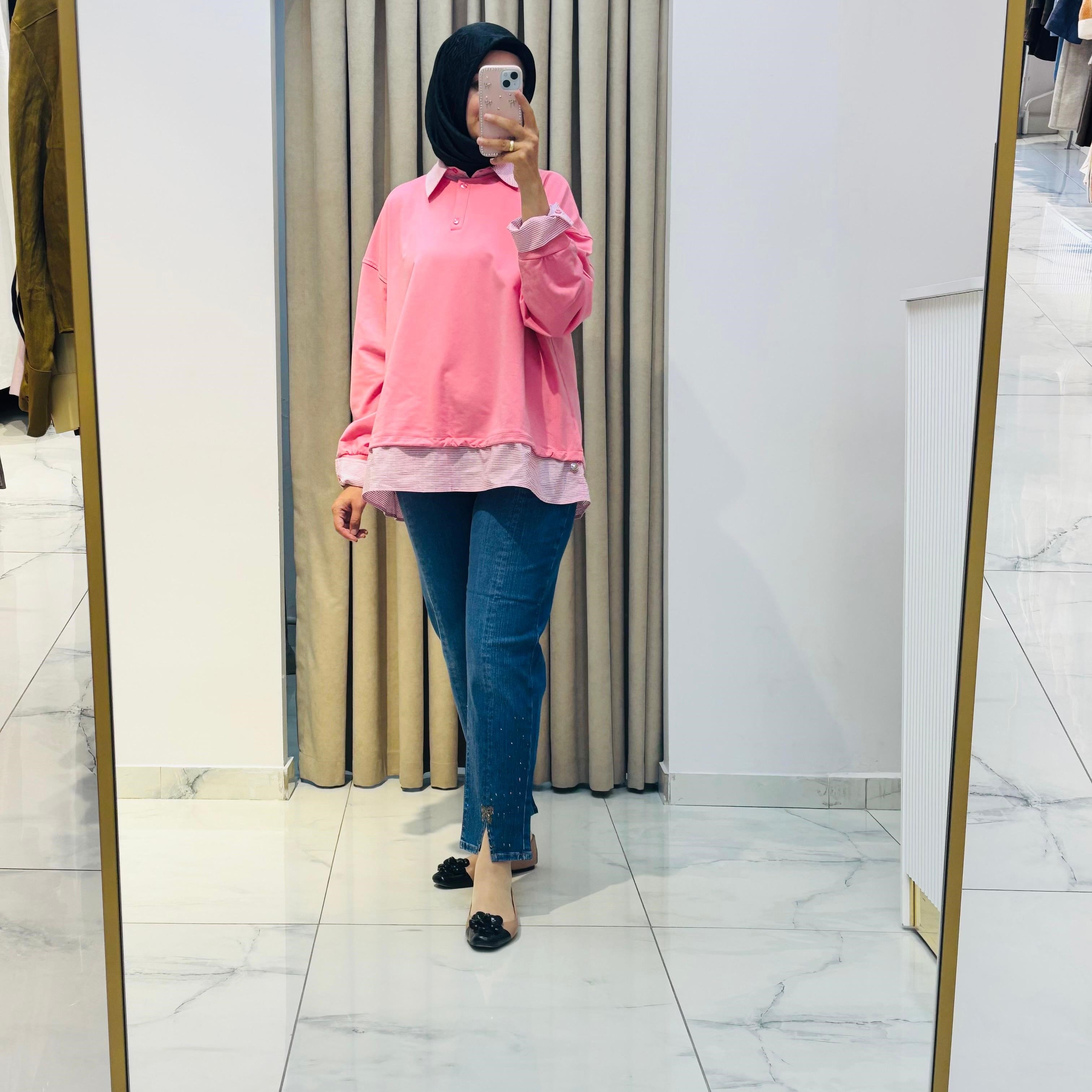 İKOL POTİKARE DESENLİ YAKALI S-SHİRT PEMBE