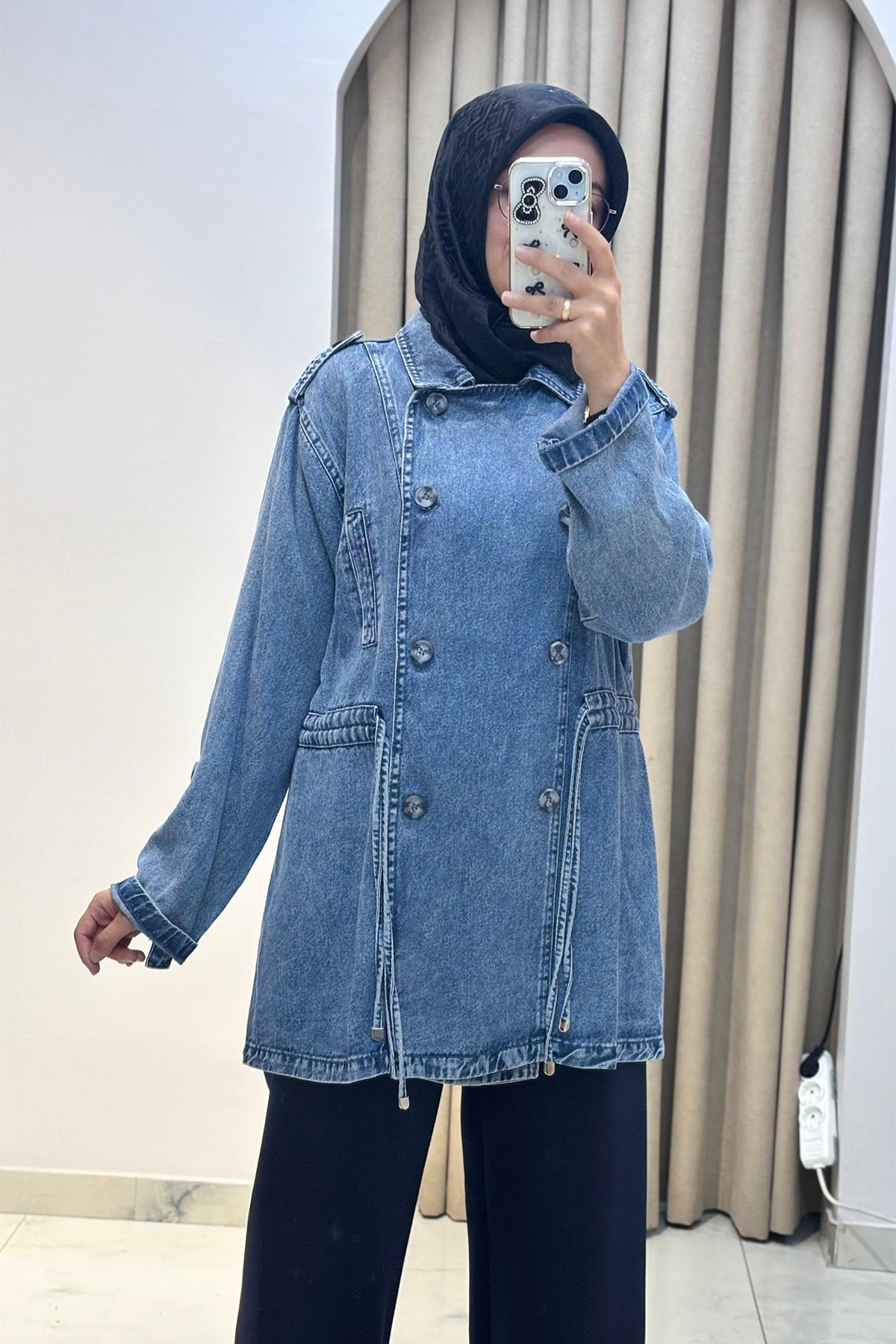 Kruvaze Çift Düğmeli Büzgülü Denim Ceket Açık Mavi