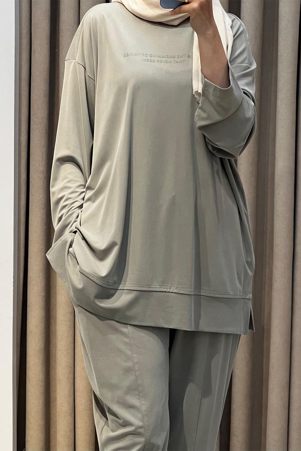 Paça ve Baskı Detaylı Tunik Pantolon Takım Haki