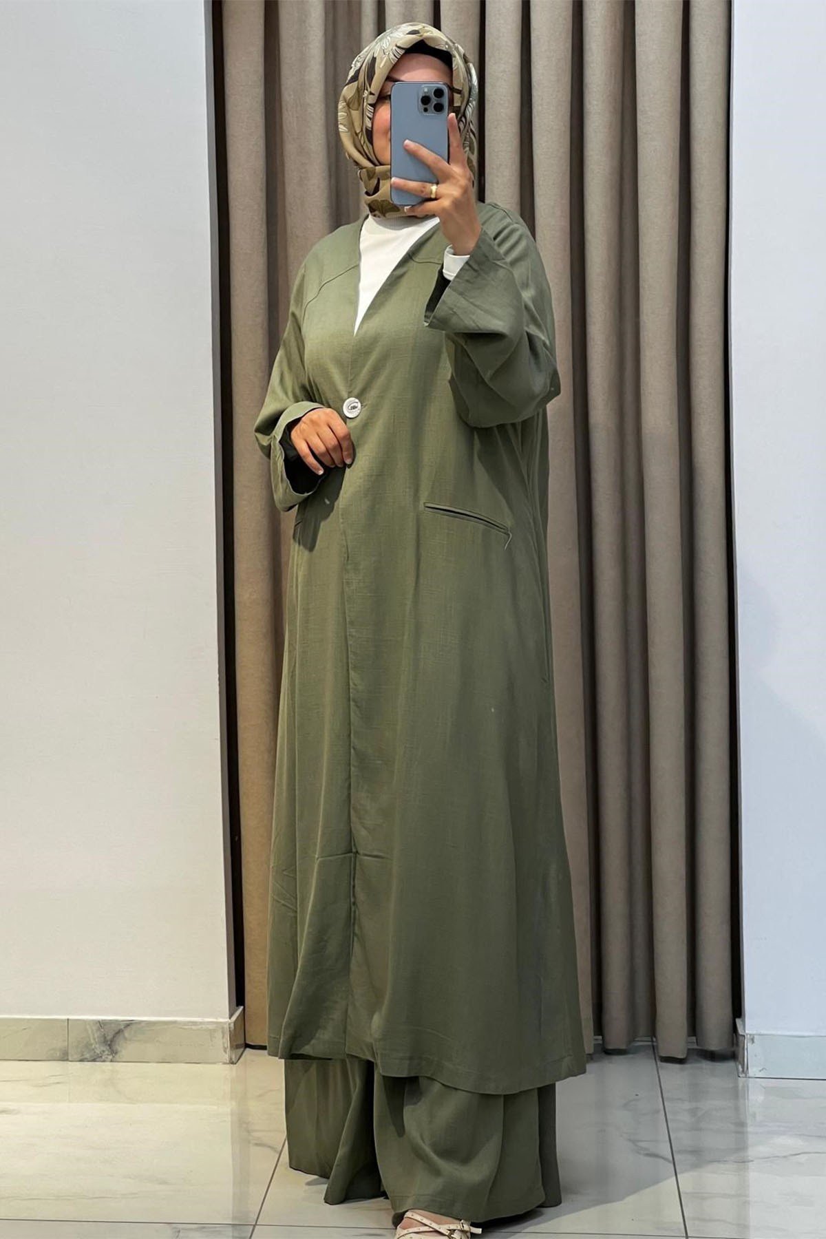 Tek Düğmeli Uzun Kimono Pantolon Tunik Takım Haki