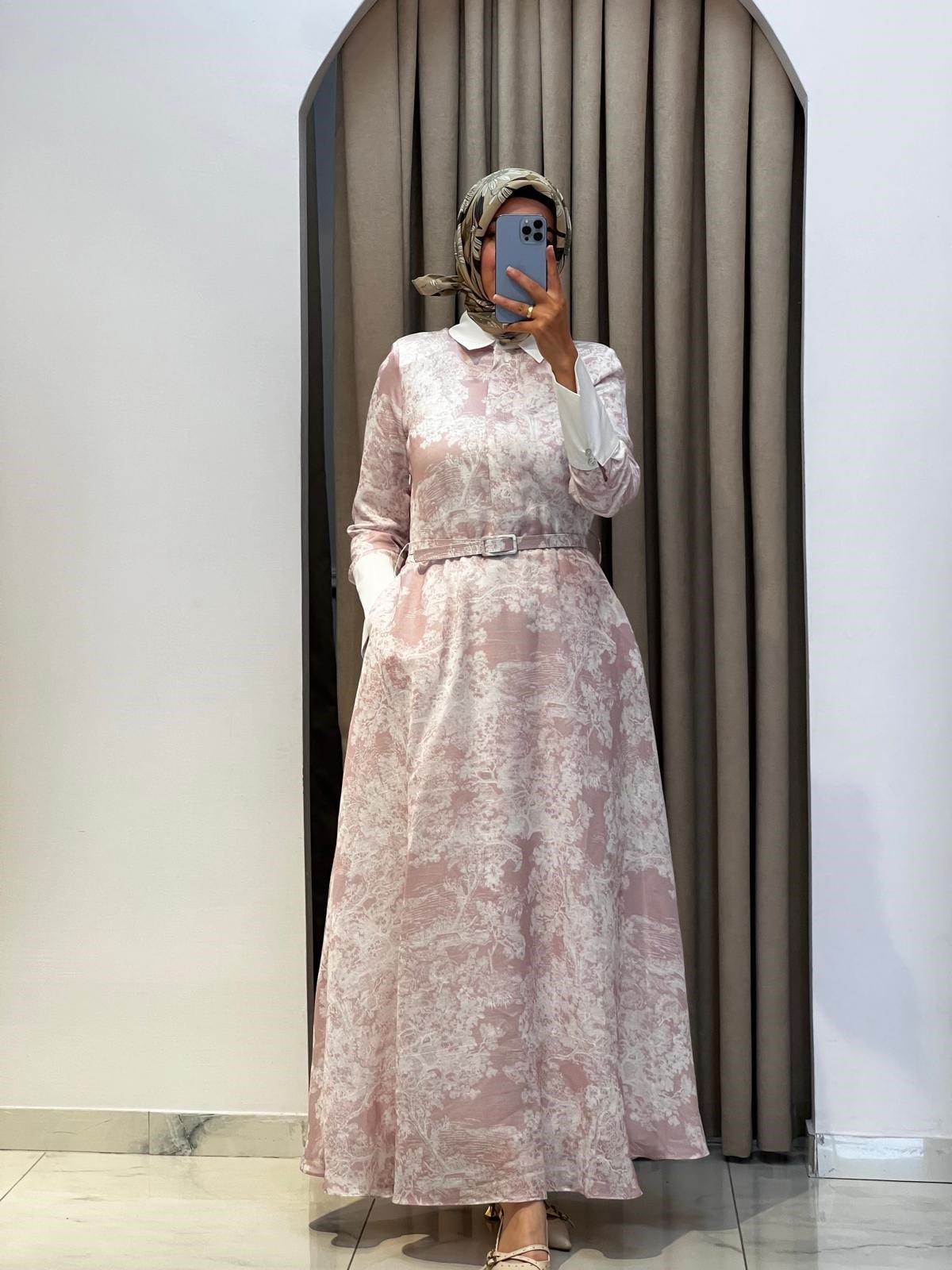 TERZİ DÜKKANI LADY LYOCELL DESENLİ YAKA DETAY ELBİSE PEMBE