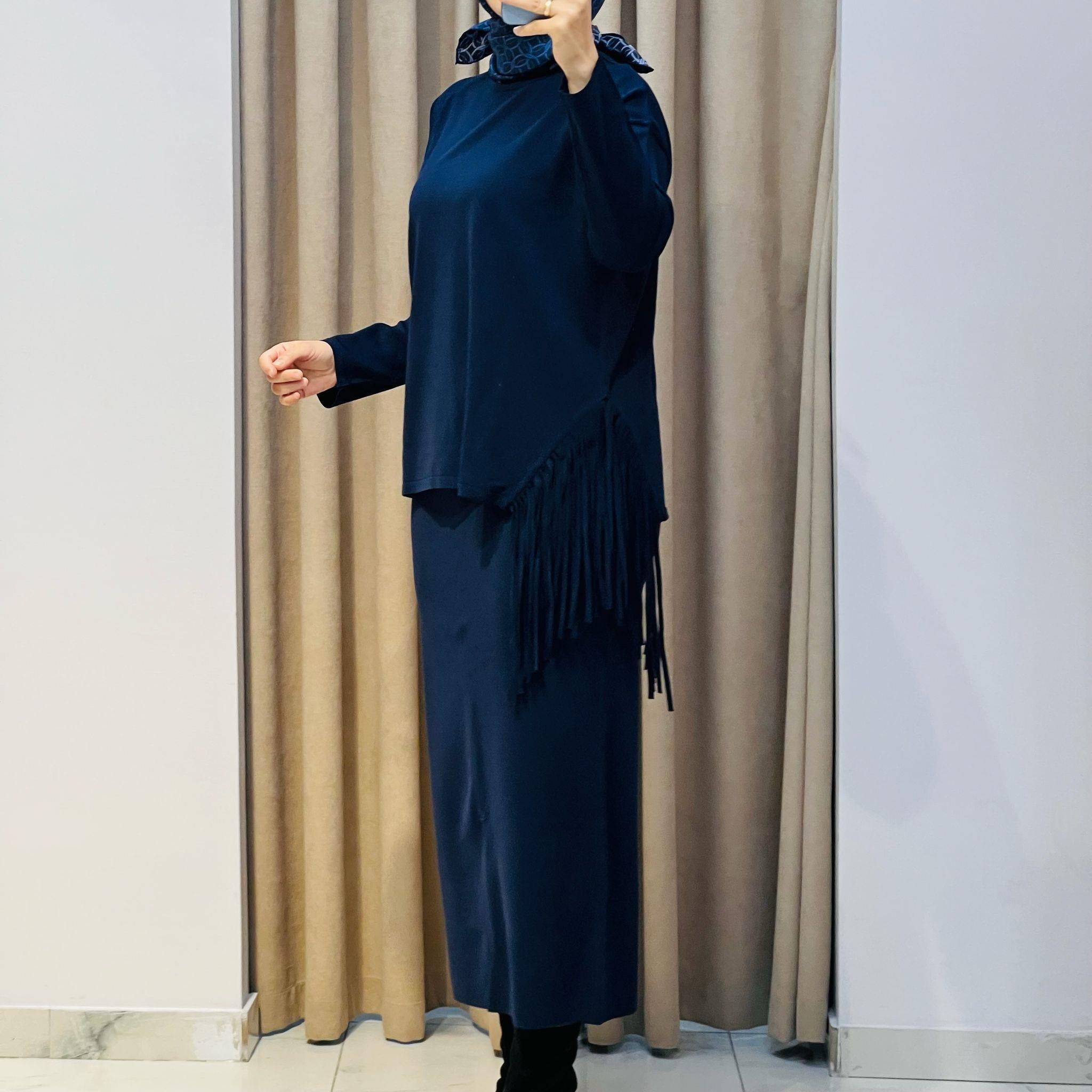 TIĞ TRİKO PÜSKÜL DETAYLI BLUZ ETEK RAYON TAKIM LACİVERT