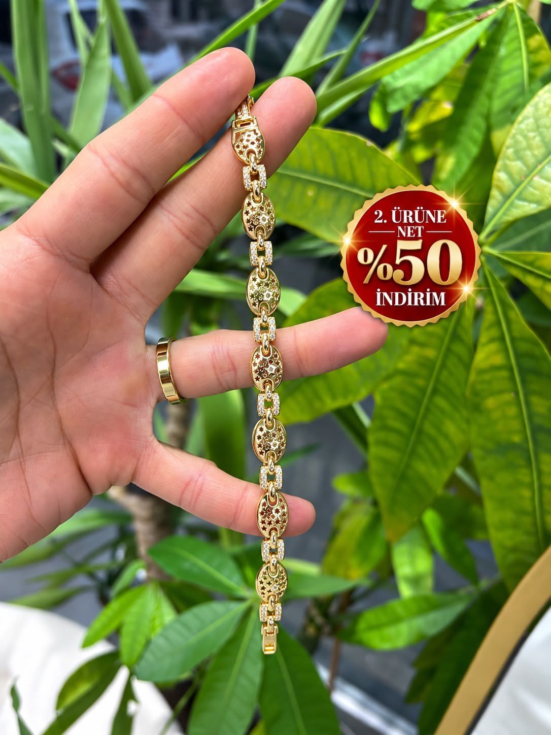 Taşlı Boncuk Model Gold Altın Kaplama Bileklik