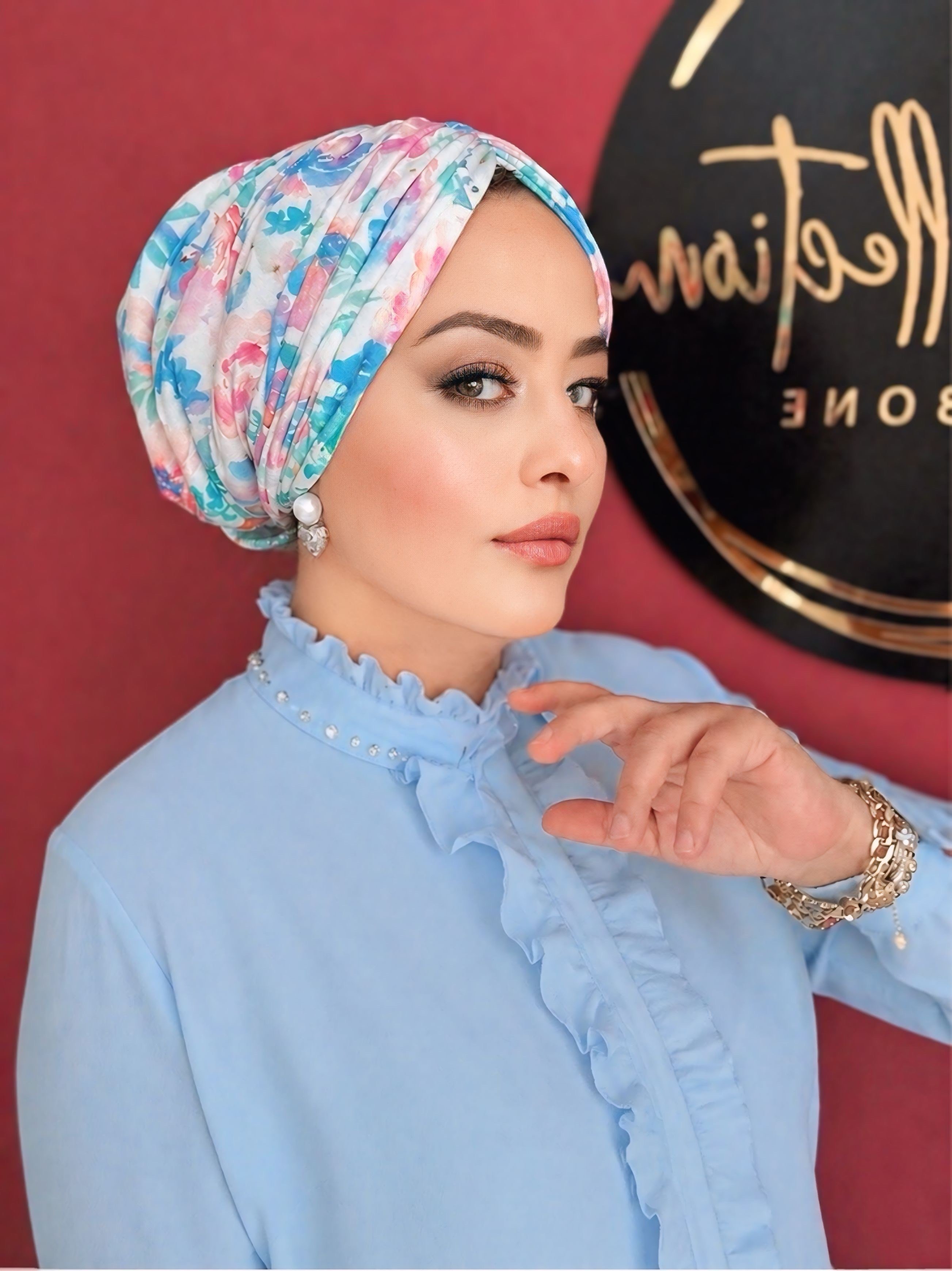 MAVİ PEMBE ÇİÇEK DESENLİ DRAPE DOLGULU BONE