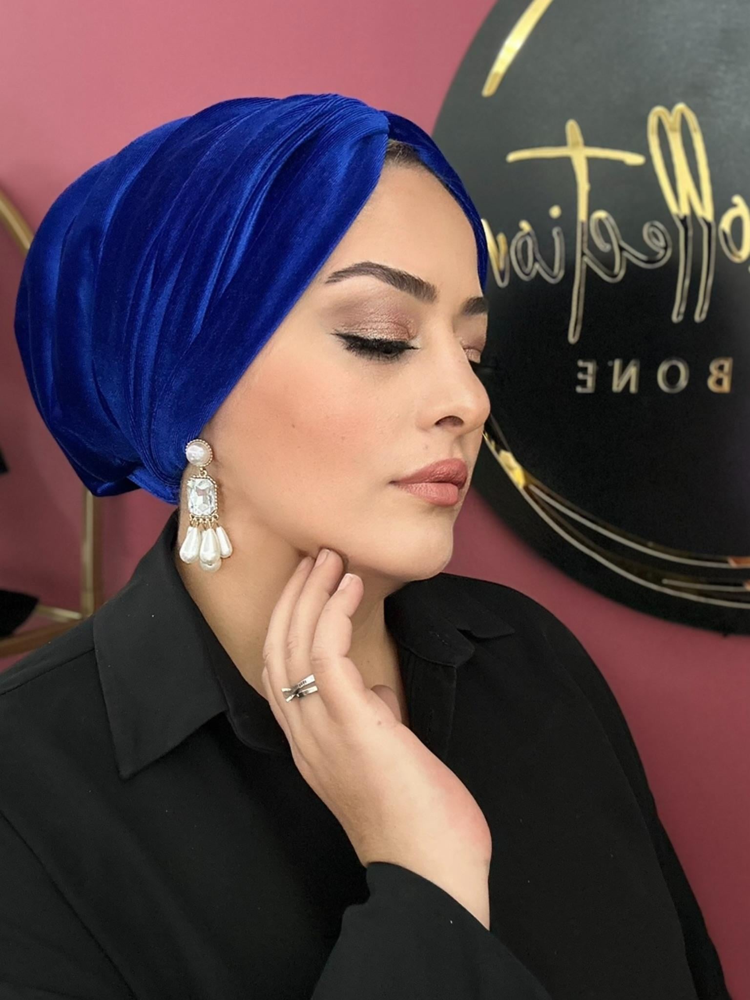 SAKS MAVİ  KADİFE DRAPE DOLGULU BONE