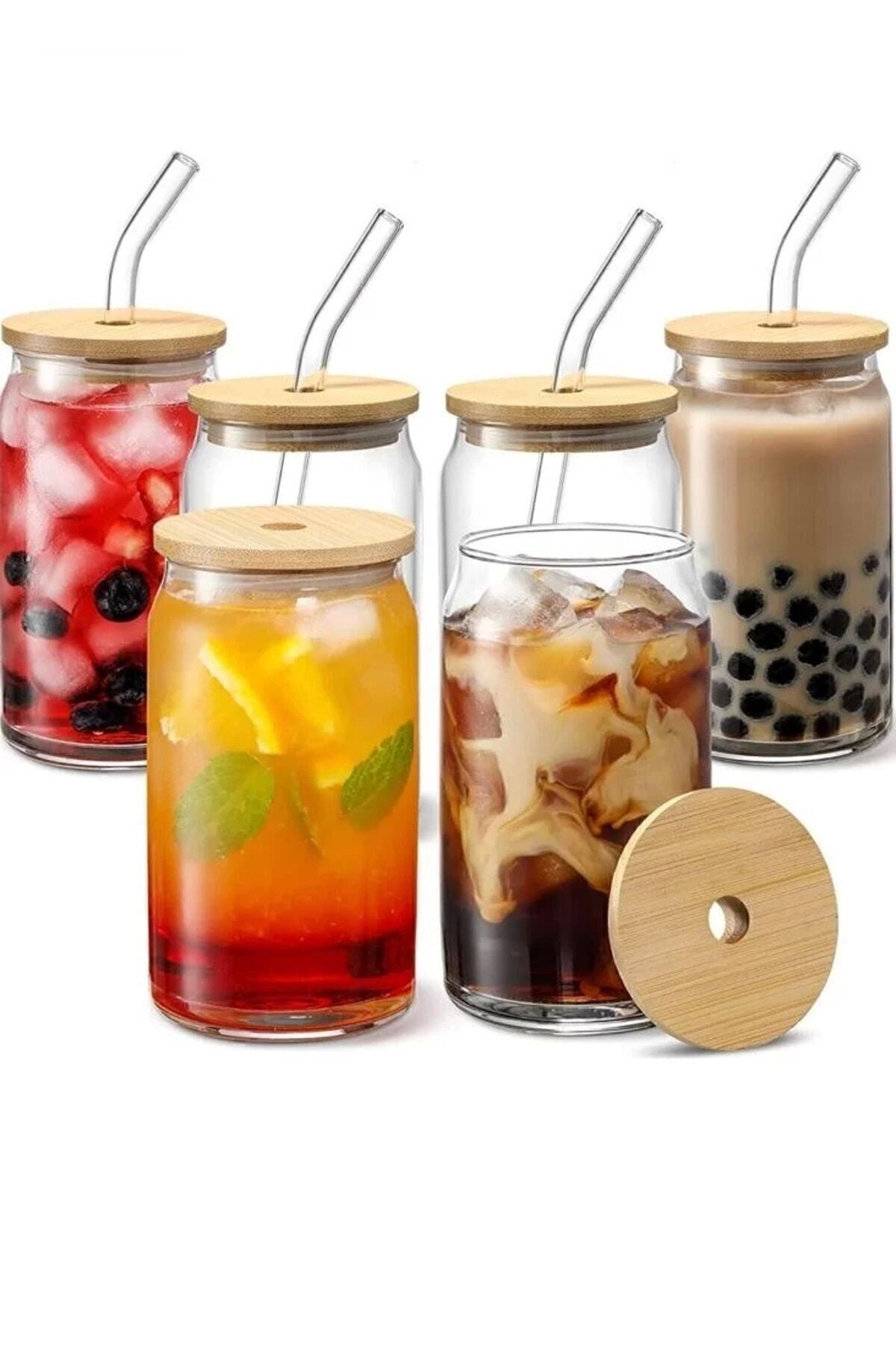 500ml Bambu Kapaklı Cam Pipetli Şeffaf Isıya Dayanıklı Cam Bardak