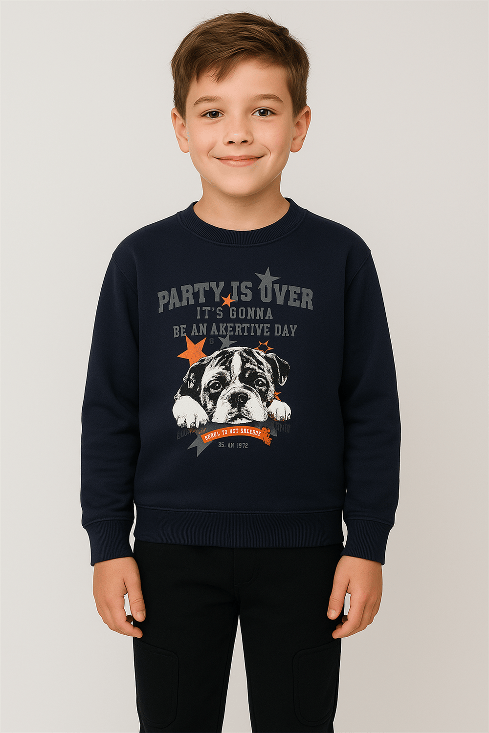 Lacivert Yazı ve Köpek Baskılı Erkek Çocuk Sweat