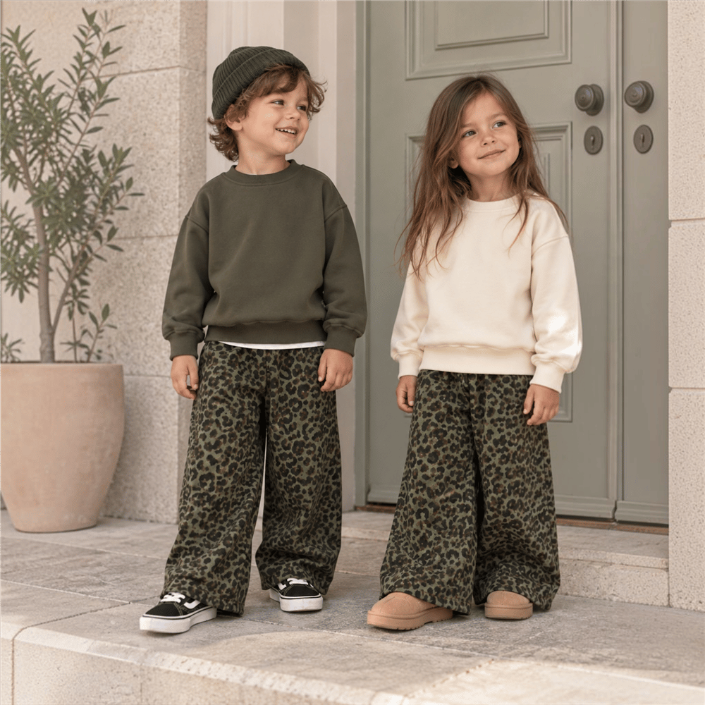 %100 Pamuk Leopar Tok Kumaş Gabardin Geniş Kesim Rahat Kalıp Pantolon