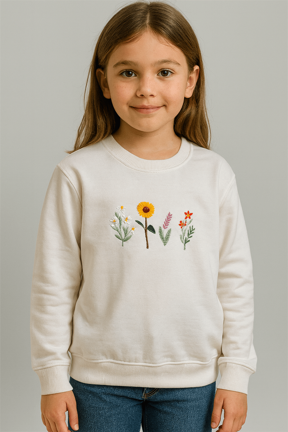 Beyaz Çiçek Nakışlı Az Şardonlu Kız Çocuk Sweat
