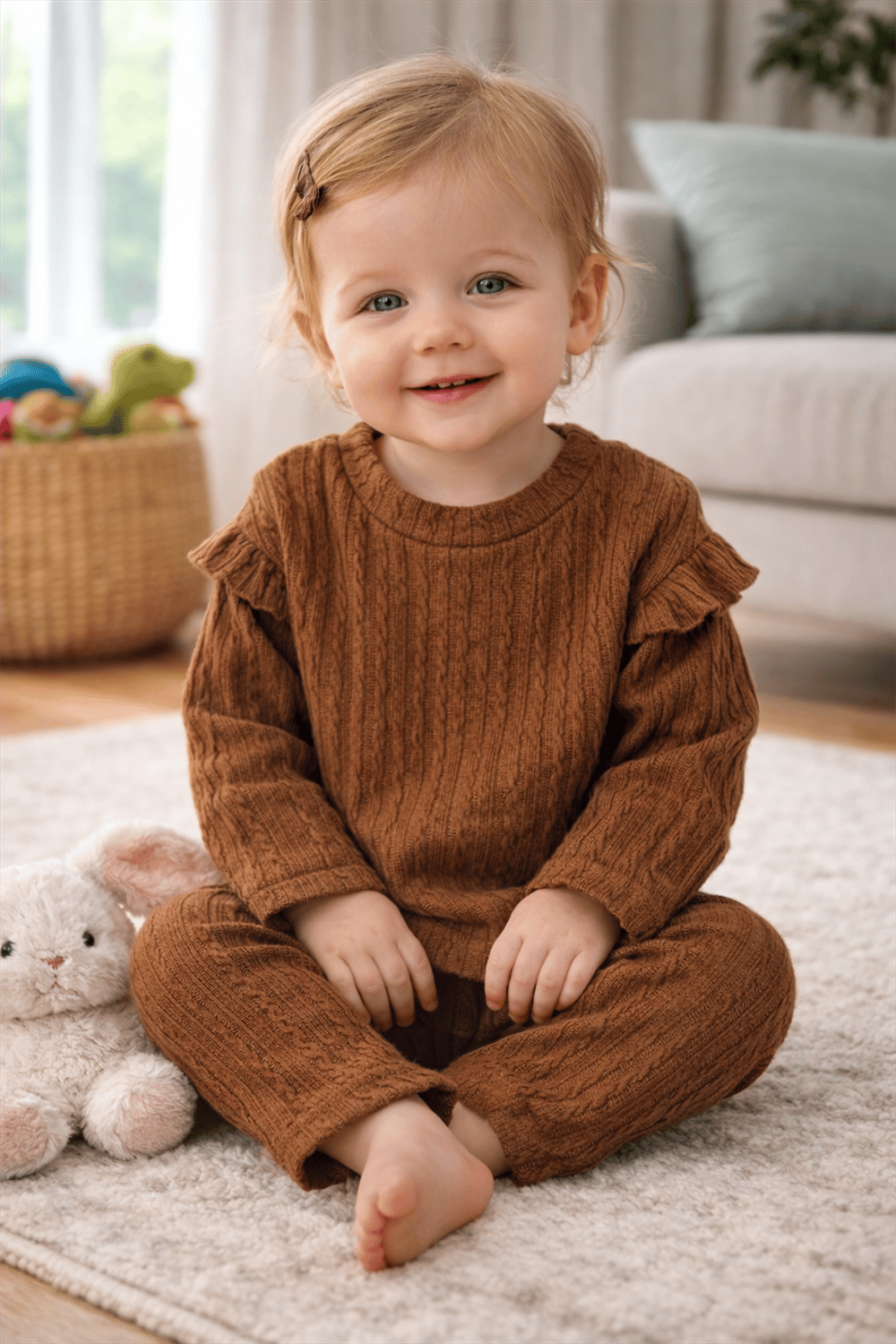 Omuz ve Beli Fırfır Taytlı Kız Bebek Kahverengi Takım