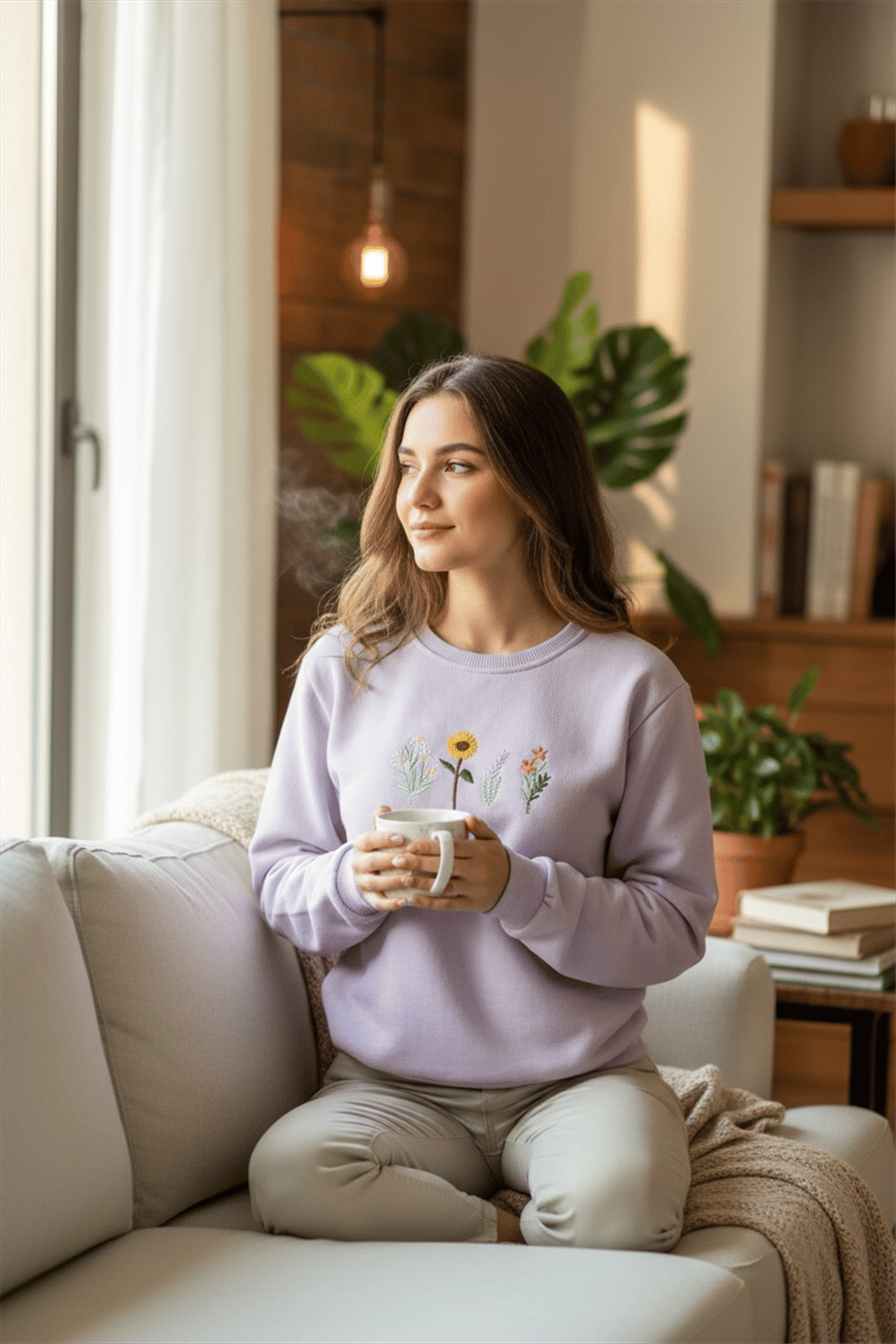 Lila Çiçek Nakışlı Az Şardonlu Kız Çocuk Sweat