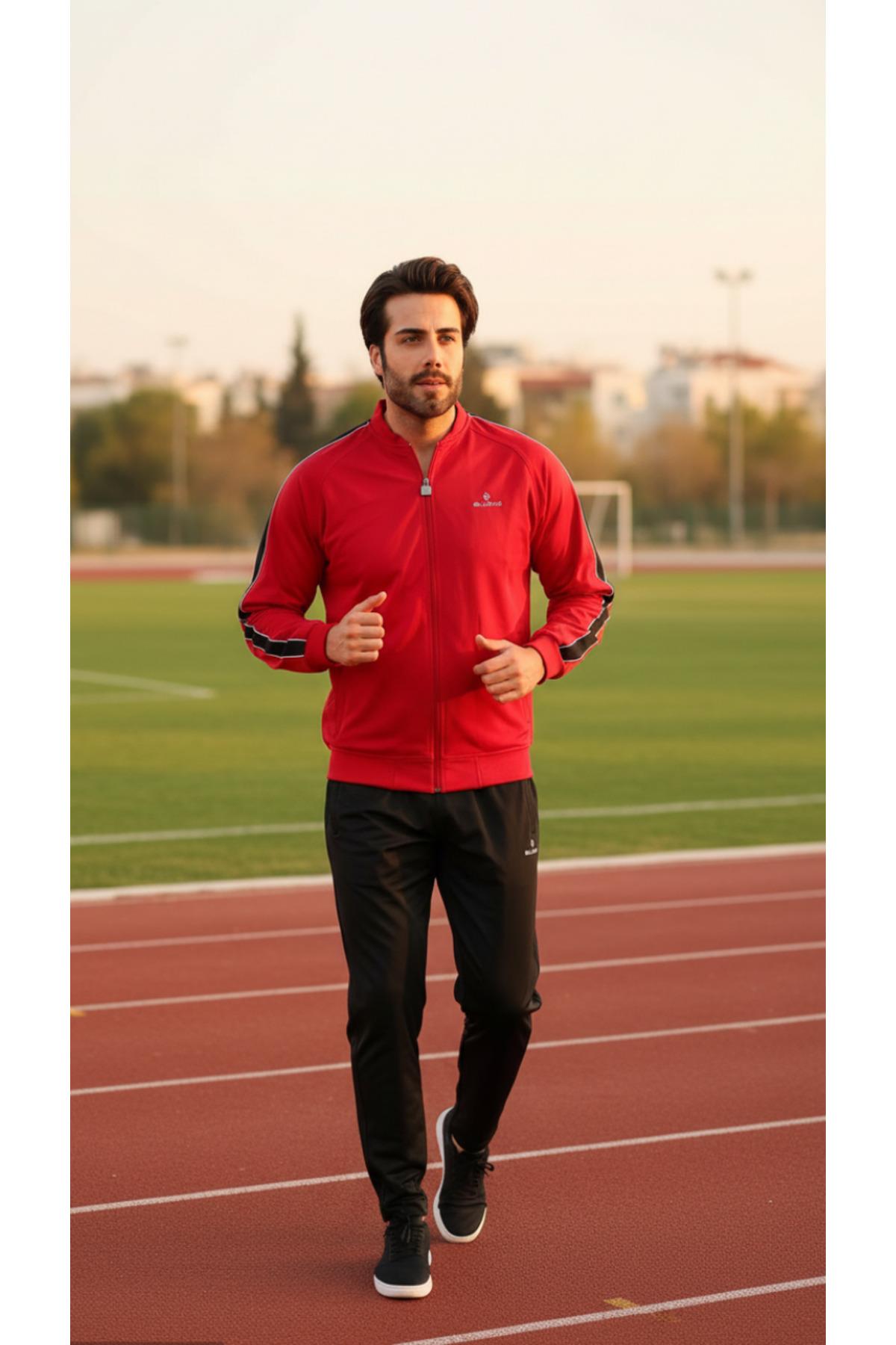 Erkek %100 Polyester Rashell Kumaş Kırmızı Kolej Yaka Eşofman Takımı
