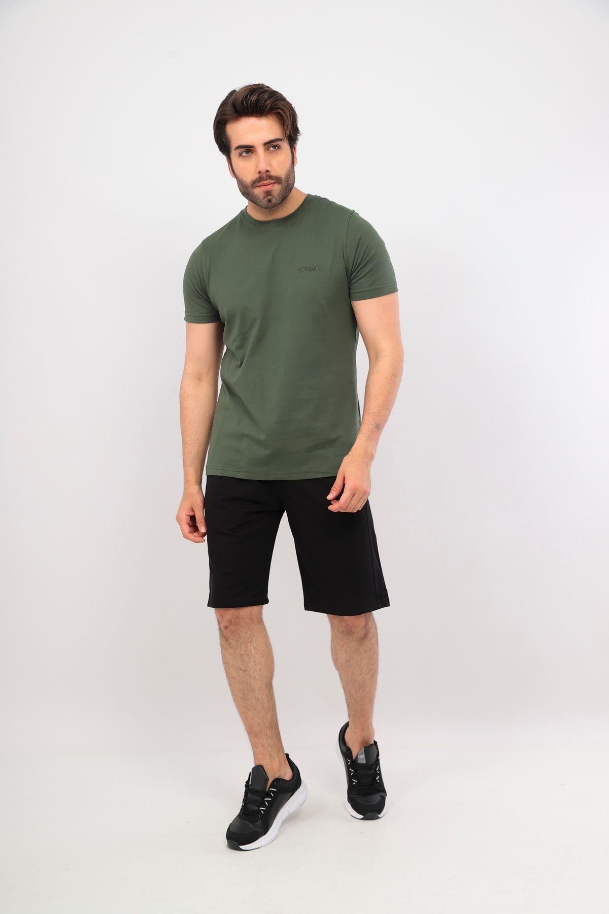 Erkek Haki Siyah Bisiklet Yaka Tshirt Şort Cep Fermuarlı Alt Üst Takım