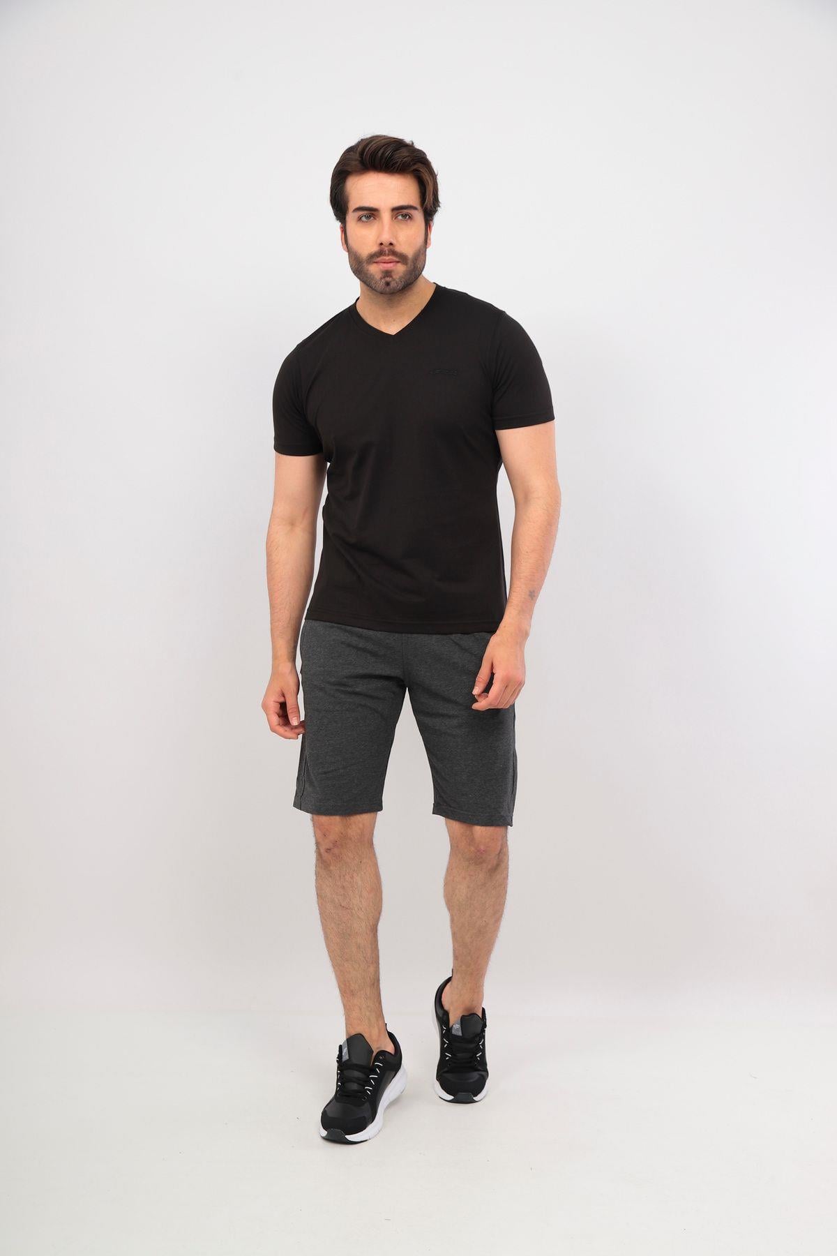 Erkek Haki Siyah V Yaka Tshirt Şort Cep Fermuarlı Alt Üst Takım