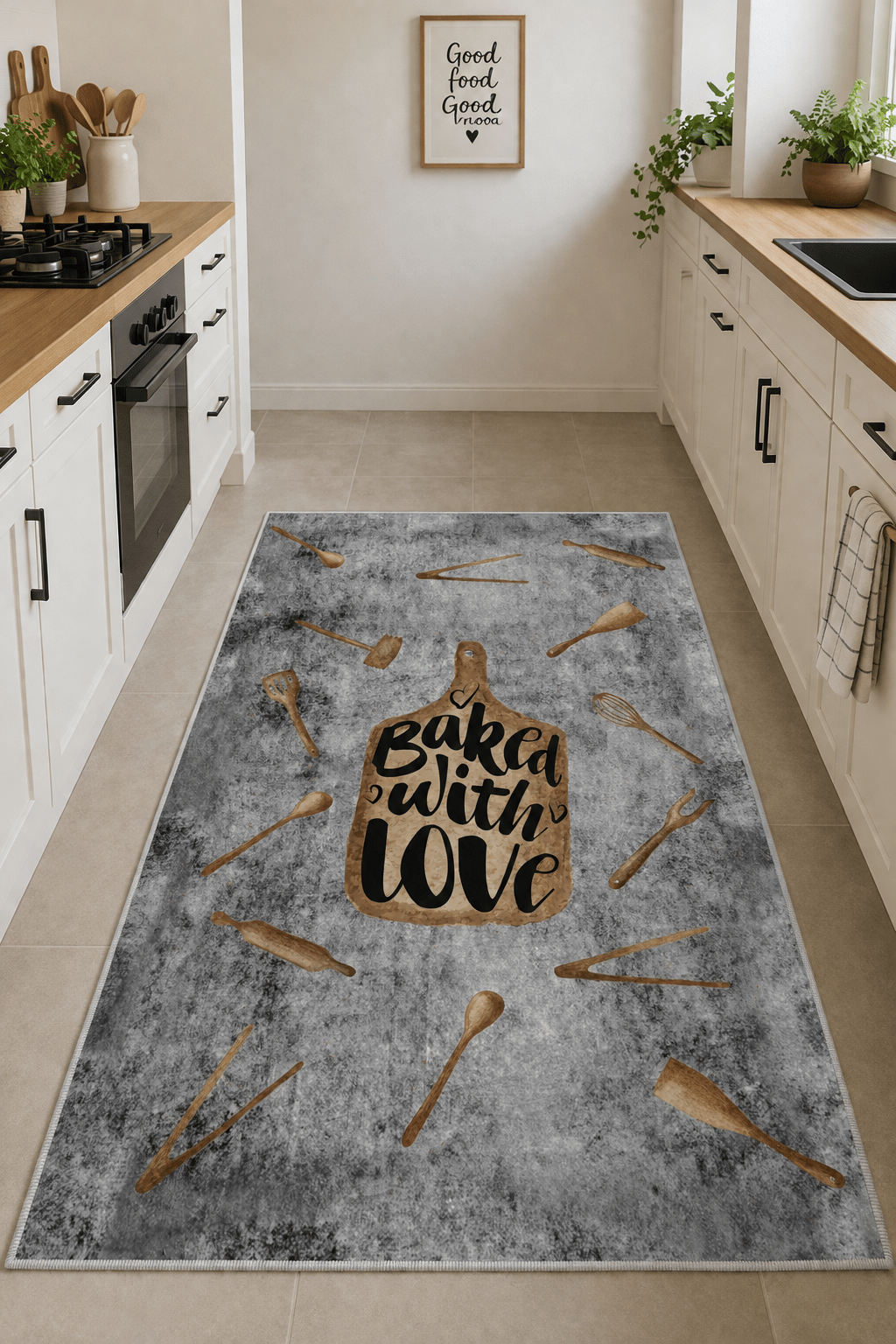 Baked with Love Yazılı Kaymaz Yıkanabilir Dijital Baskılı Mutfak Halısı