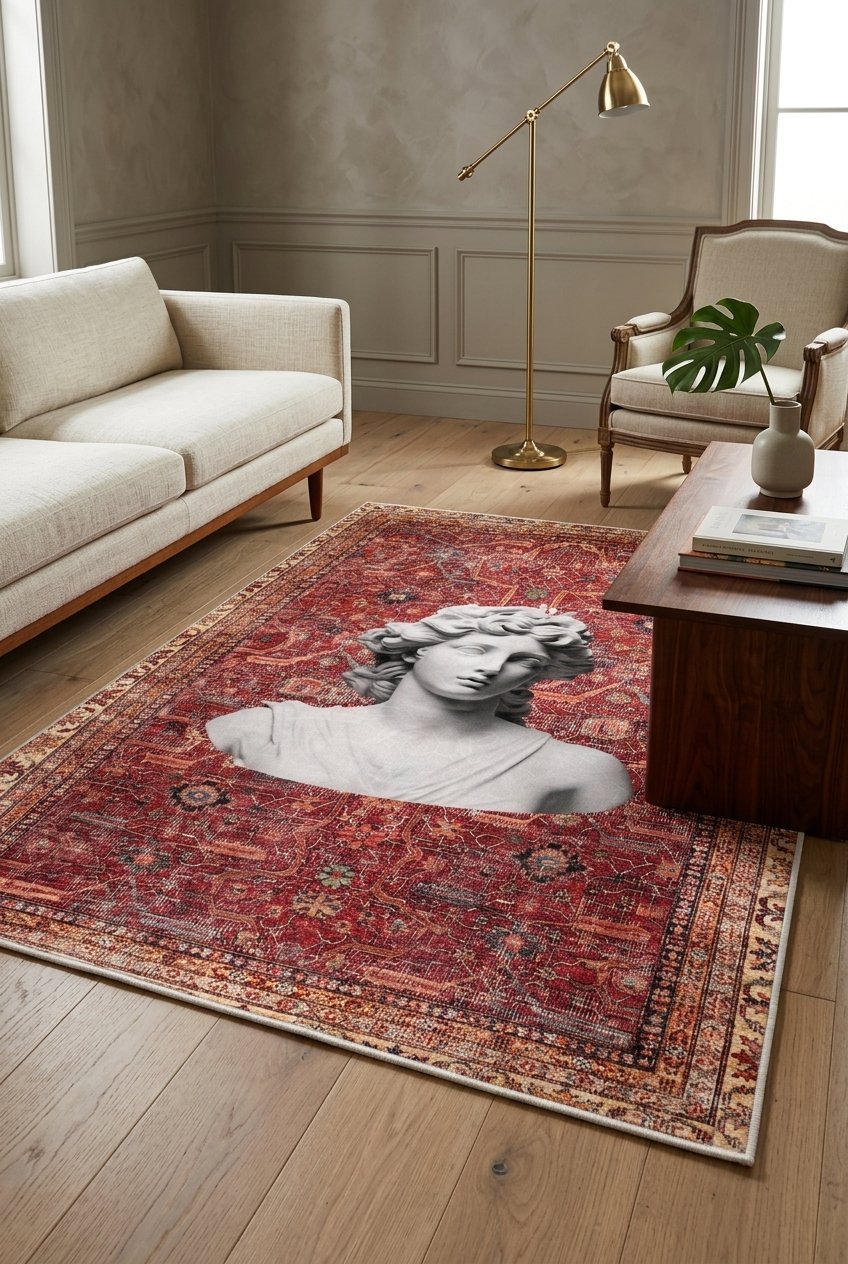 Bordo Kilim Antik Büst Desenli Kaymaz Taban Yıkanabilir Halı