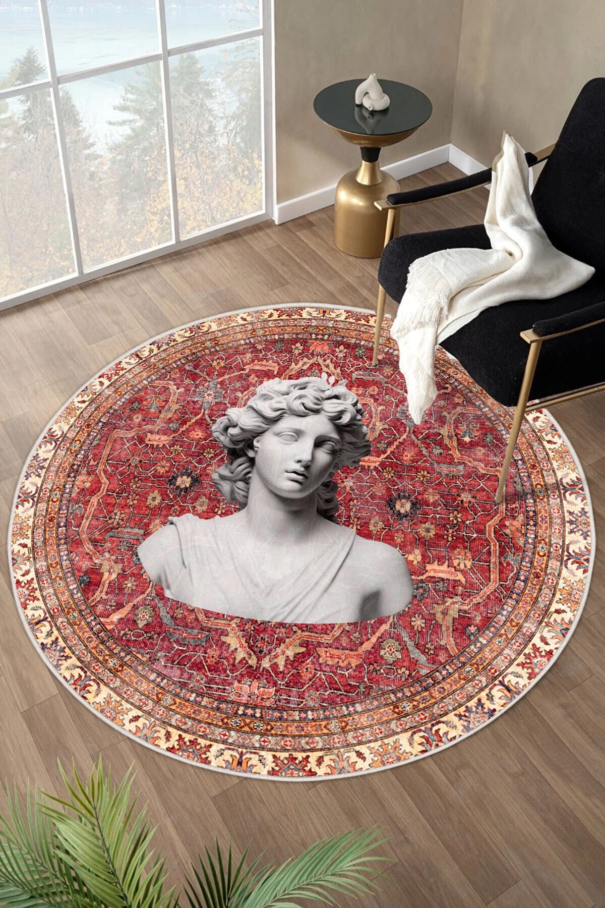 Bordo Kilim Antik Büst Desenli Kaymaz Taban Yıkanabilir Yuvarlak Halı
