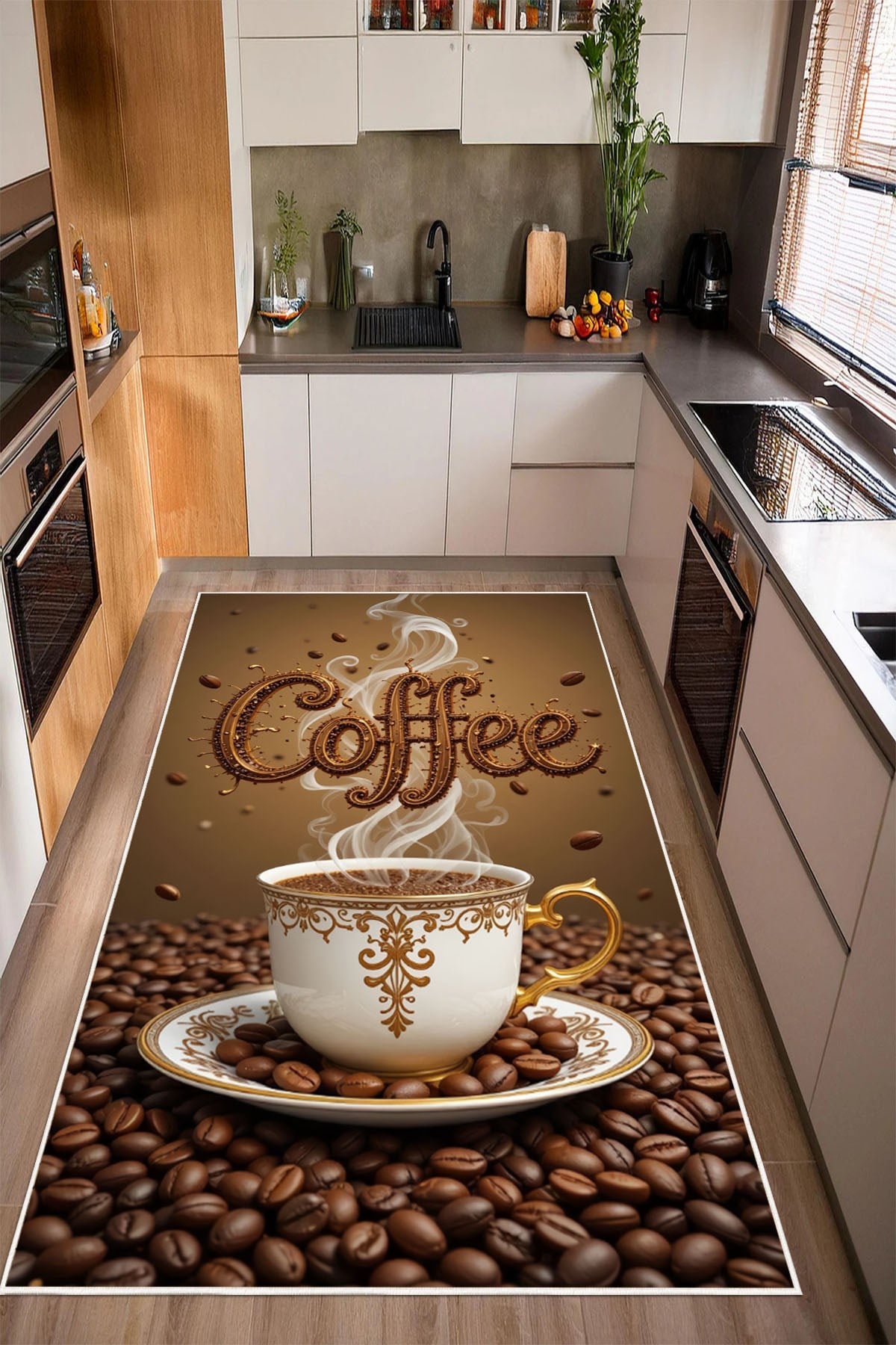 Coffee Yazılı Baskılı Kaymaz Yıkanabilir Mutfak Halısı Kahve Köşesi Halısı Yolluk