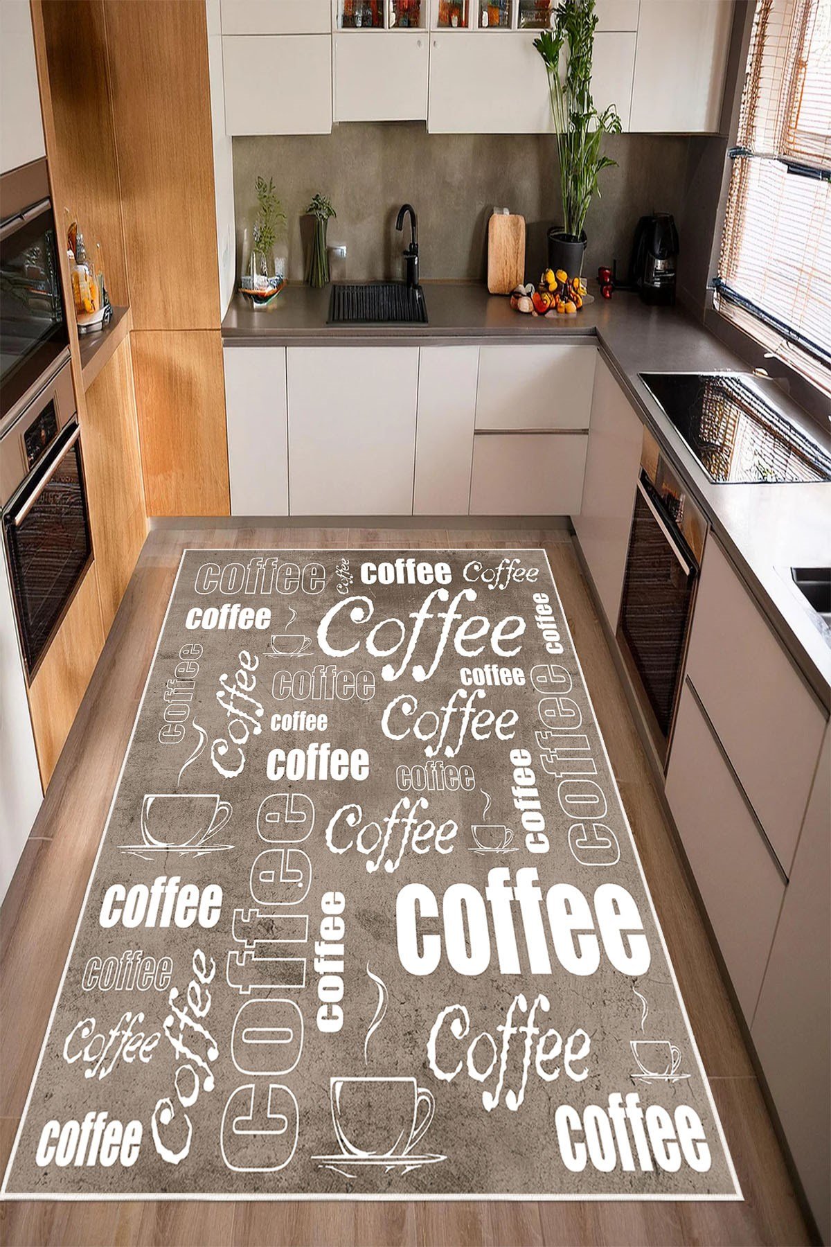 Coffee Yazılı Baskılı Kaymaz Yıkanabilir Mutfak Halısı Yolluk