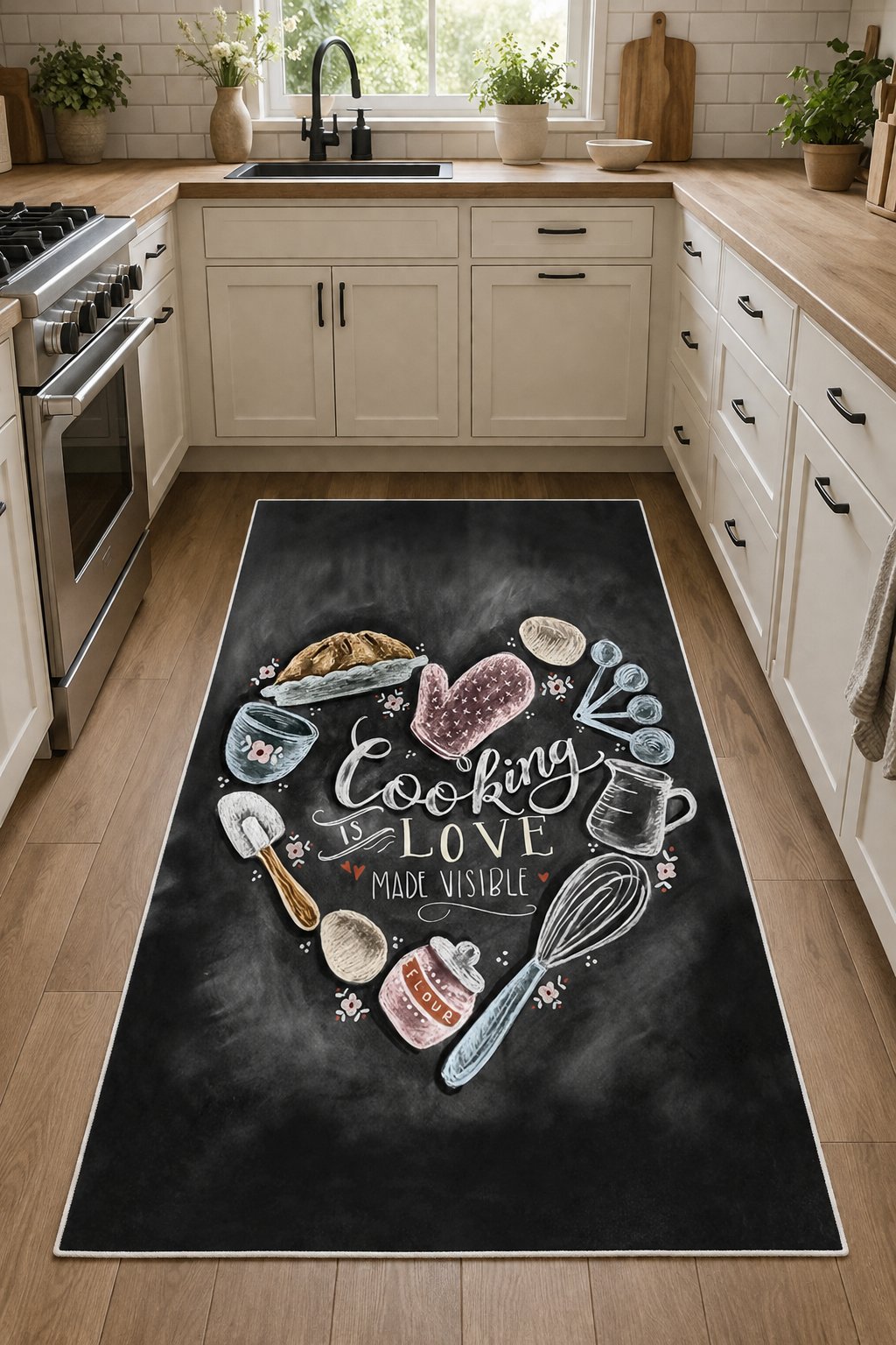Dekoratif Kaymaz Taban Yıkanabilir Cooking Love Baskılı Mutfak Halısı