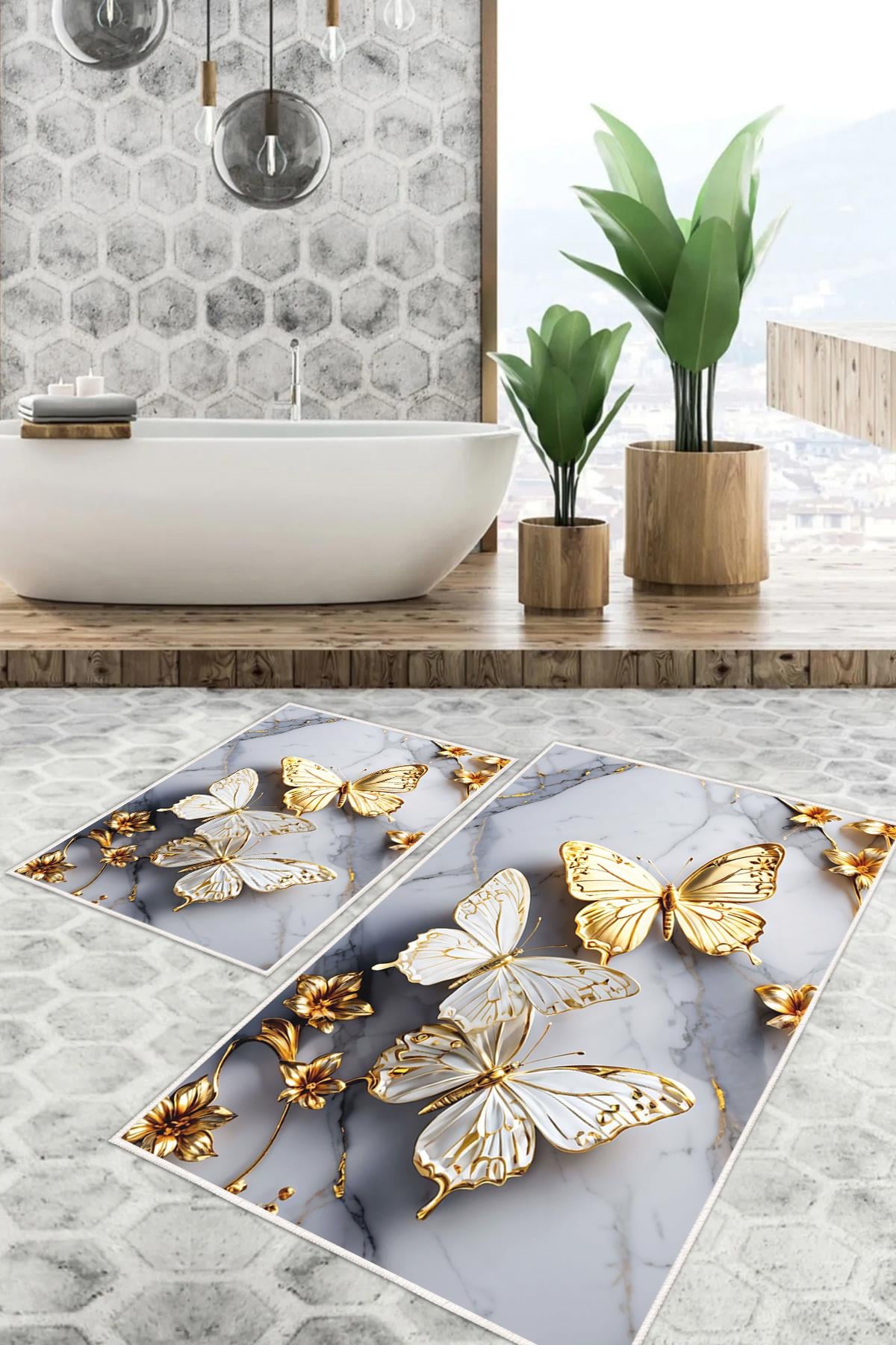 Dijital Baskı Kelebek Desen Kaymaz Taban 2li Set Banyo Paspası Klozet Takımı (50x60cm-60x100cm)