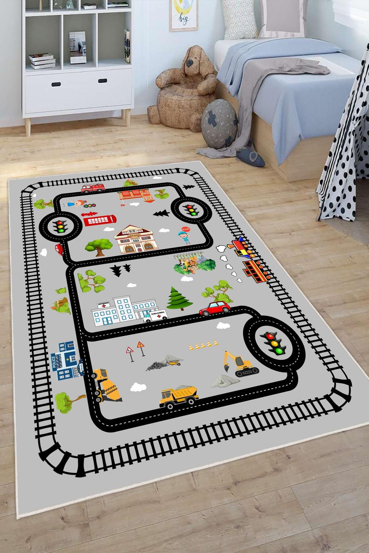 Dijital Baskılı Dekoratif Kaymaz Taban Yıkanabilir Trafik Yolu Temalı Modern Çocuk Halısı