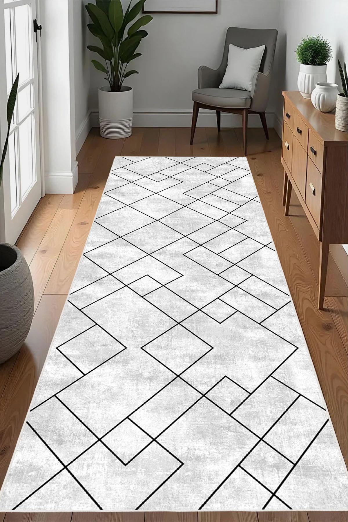 Dijital Baskılı Dekoratif Kaymaz Taban Yıkanabilir Geometrik Yolluk Antre Hol Halısı Salon Halısı