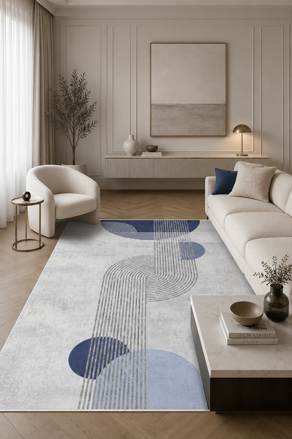 Dijital Baskılı Mavi Modern Desenli Kaymaz Taban Yıkanabilir Halı