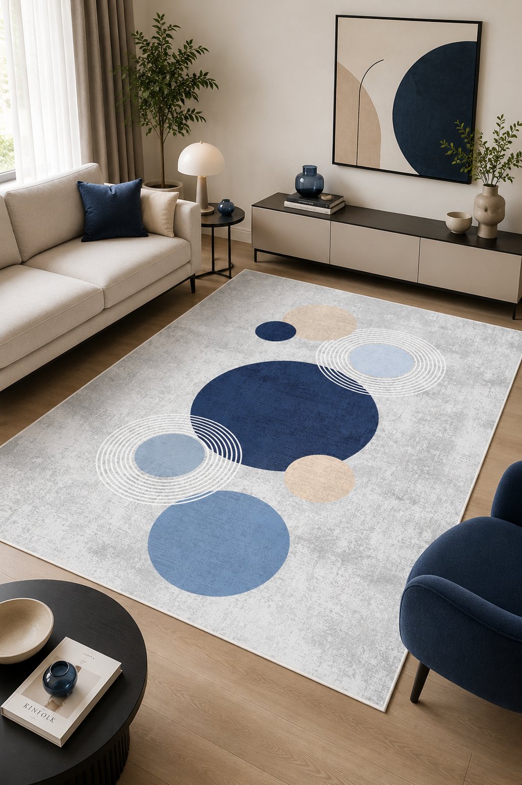 Dijital Baskılı Modern Desenli Mavi Kaymaz Taban Yıkanabilir Halı