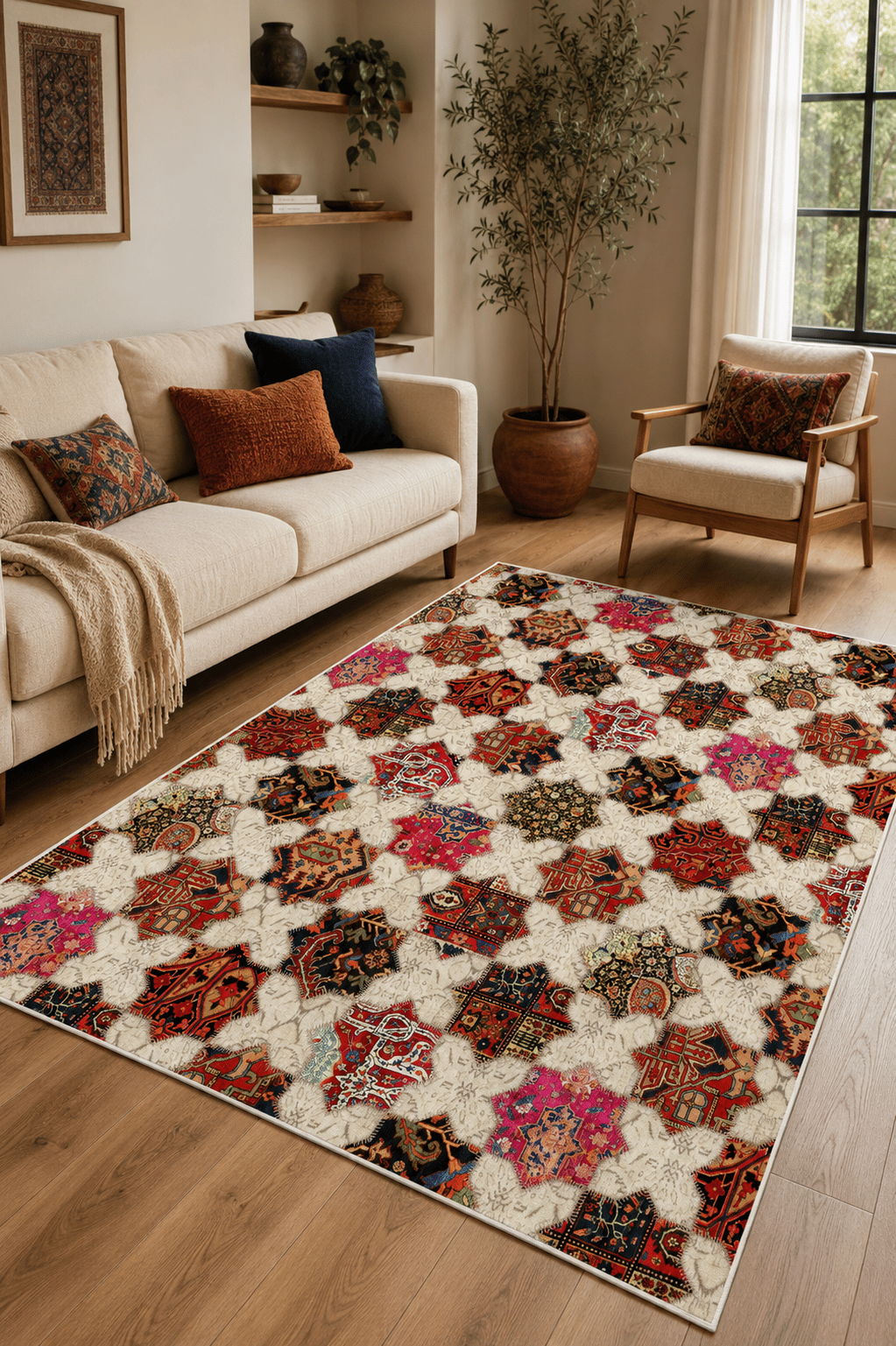 Etnik Otantik Patchwork Desenli Renkli Dijital Baskılı Yıkanabilir Kaymaz Taban Salon Halısı Yolluk
