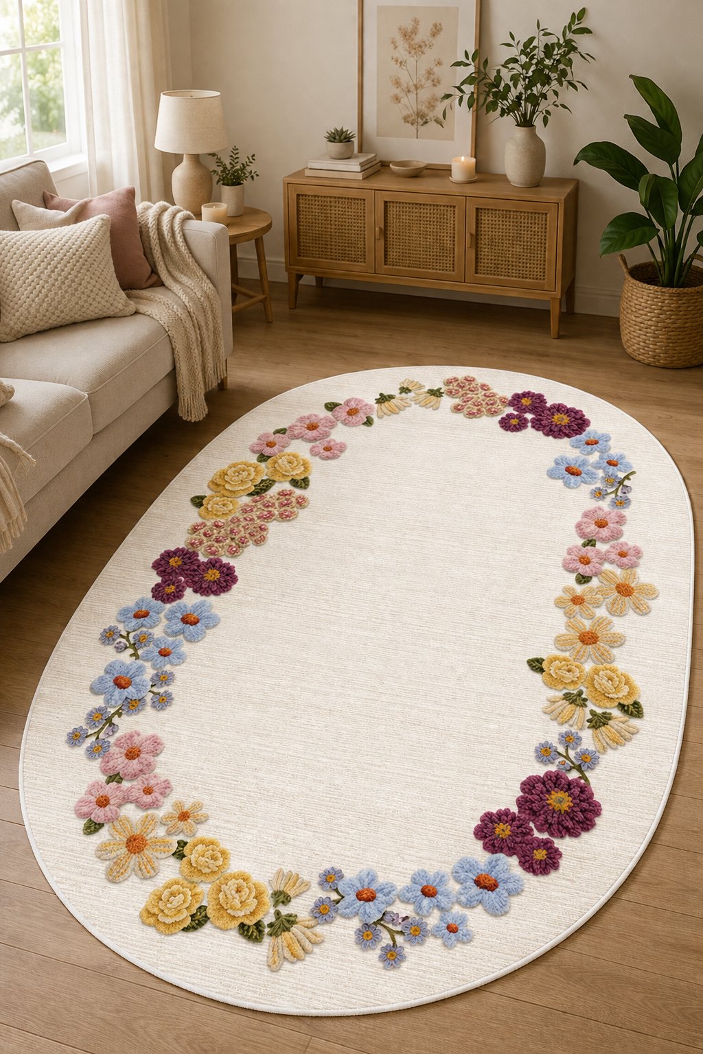 Floral Çerçeve Desen Baskılı Oval Kaymaz Yıkanabilir Salon Oturma Odası Mutfak Balkon Halısı