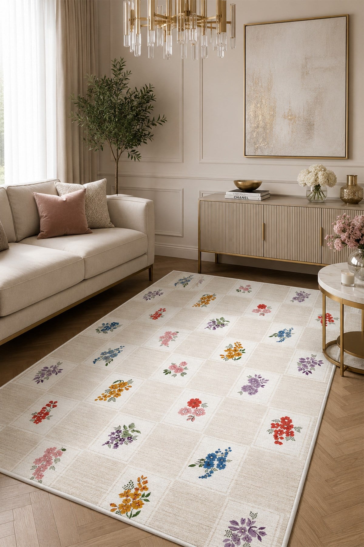 Floral Kilim Desen Baskılı Kaymaz Yıkanabilir Salon Oturma Odası Mutfak Balkon Halısı Yolluk