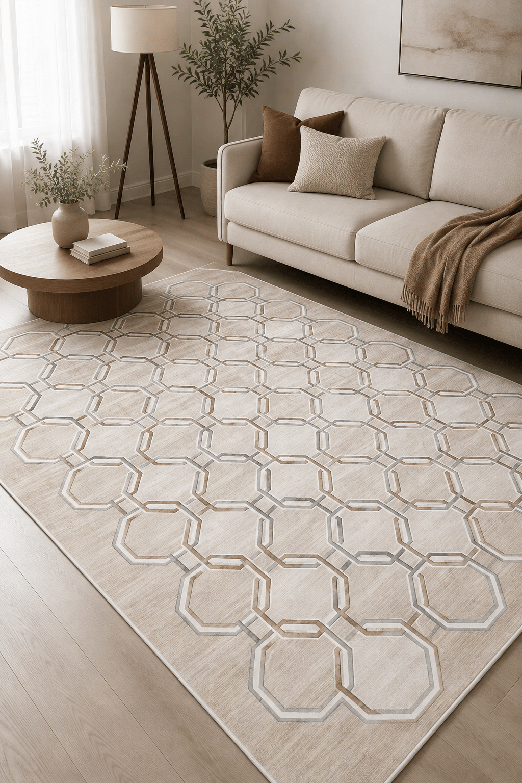 Geometrik Desenli Dekoratif Kaymaz Taban Yıkanabilir Salon Halısı