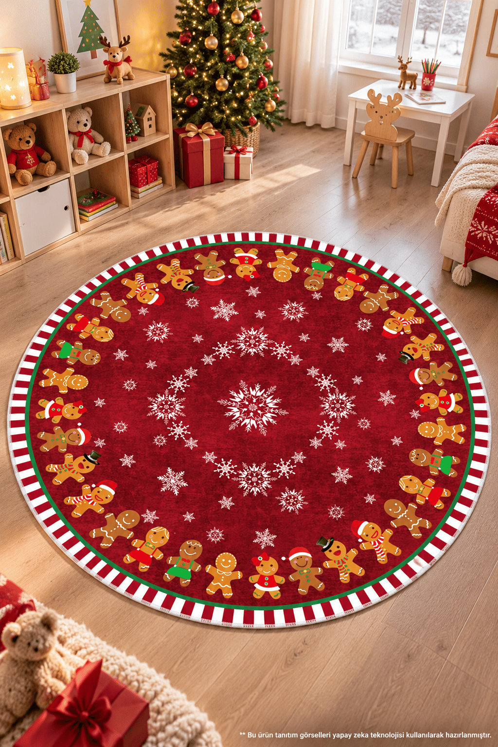 Gingerbread Desenli Yuvarlak Yılbaşı Konseptli Yıkanabilir Kaymaz Dijital Baskı Halı