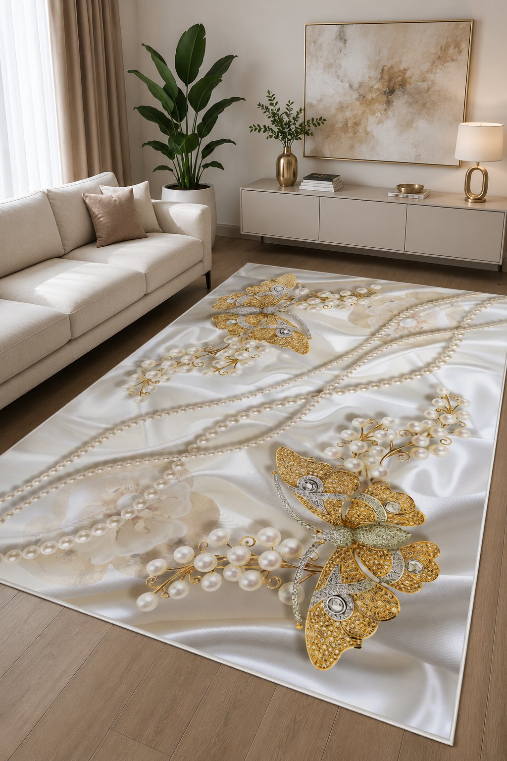 İnci ve Kelebek Desenli Baskılı Kaymaz Yıkanabilir Salon Oturma Odası Mutfak Halısı Yolluk