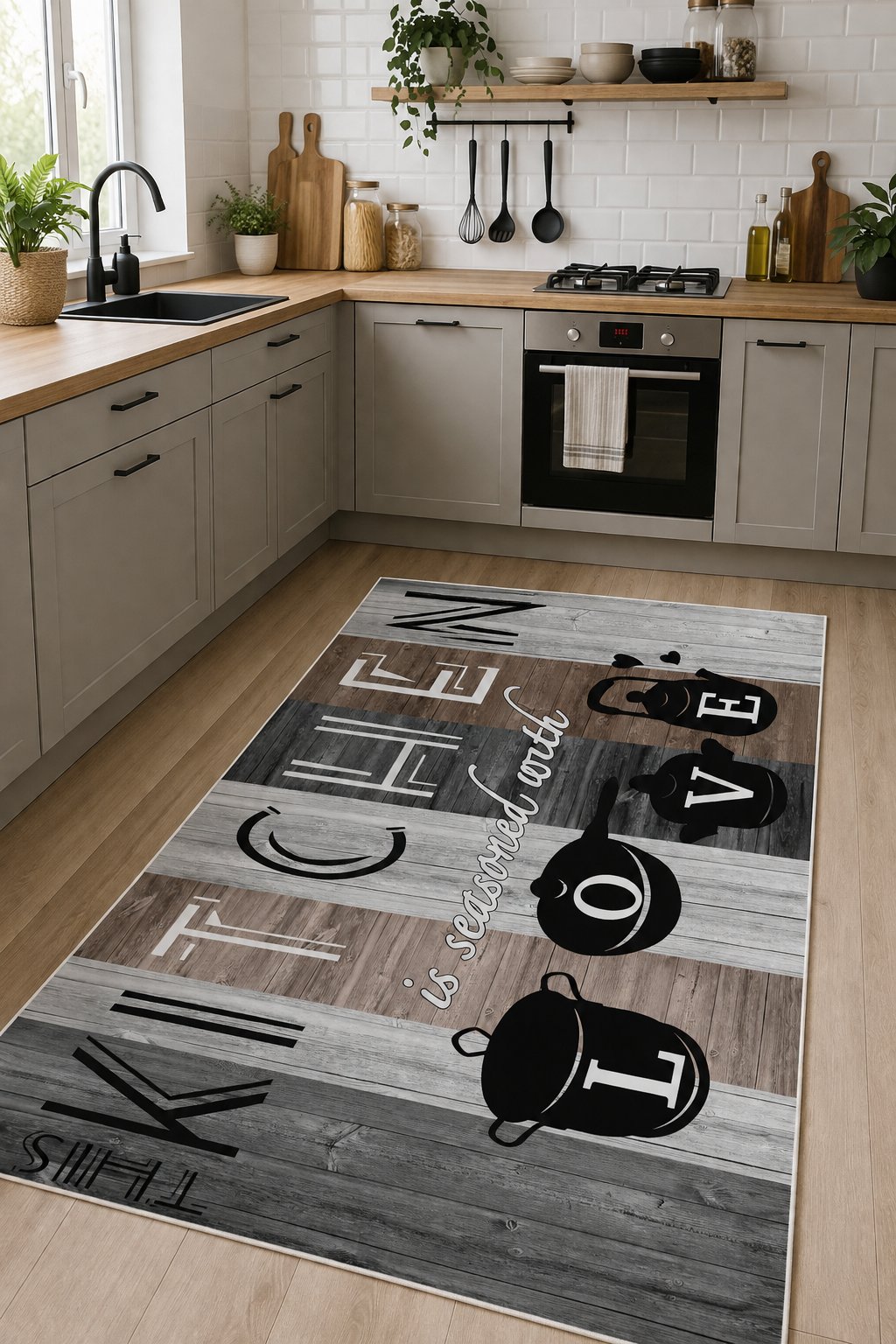 Kitchen Mutfak Temalı Yıkanabilir Kaymaz Taban Dijital Baskılı Mutfak Halısı