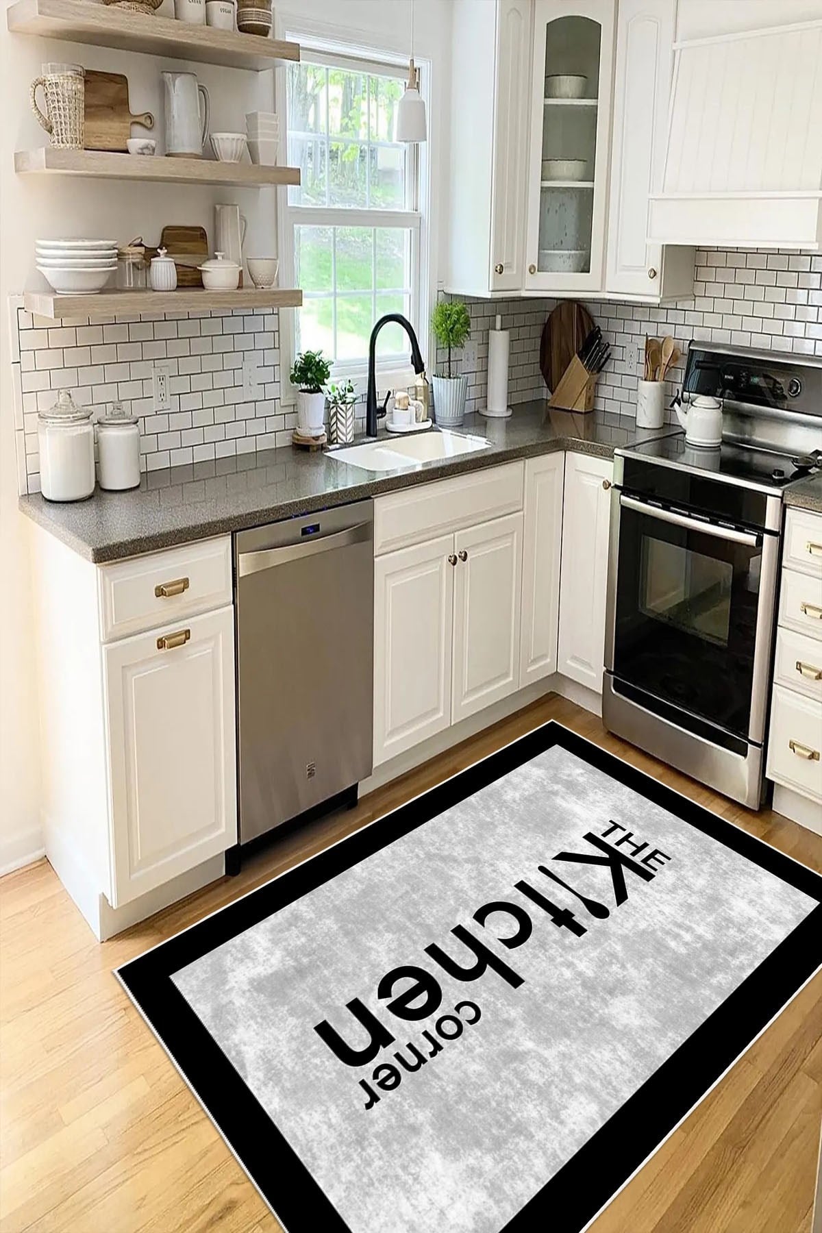 Kitchen Yazılı Gri Çerçeve Desenli Baskılı Kaymaz Yıkanabilir Mutfak Halısı Yolluk