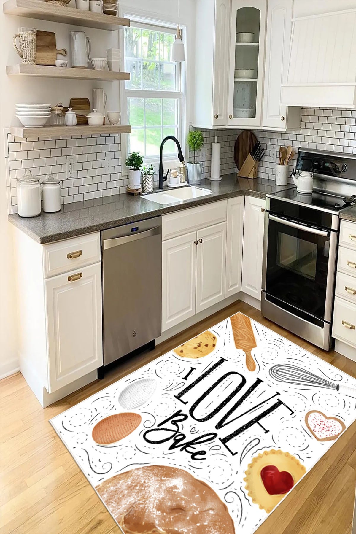 Love Bake Yazılı Mutfak Desenli Baskılı Kaymaz Yıkanabilir Mutfak Halısı Yolluk
