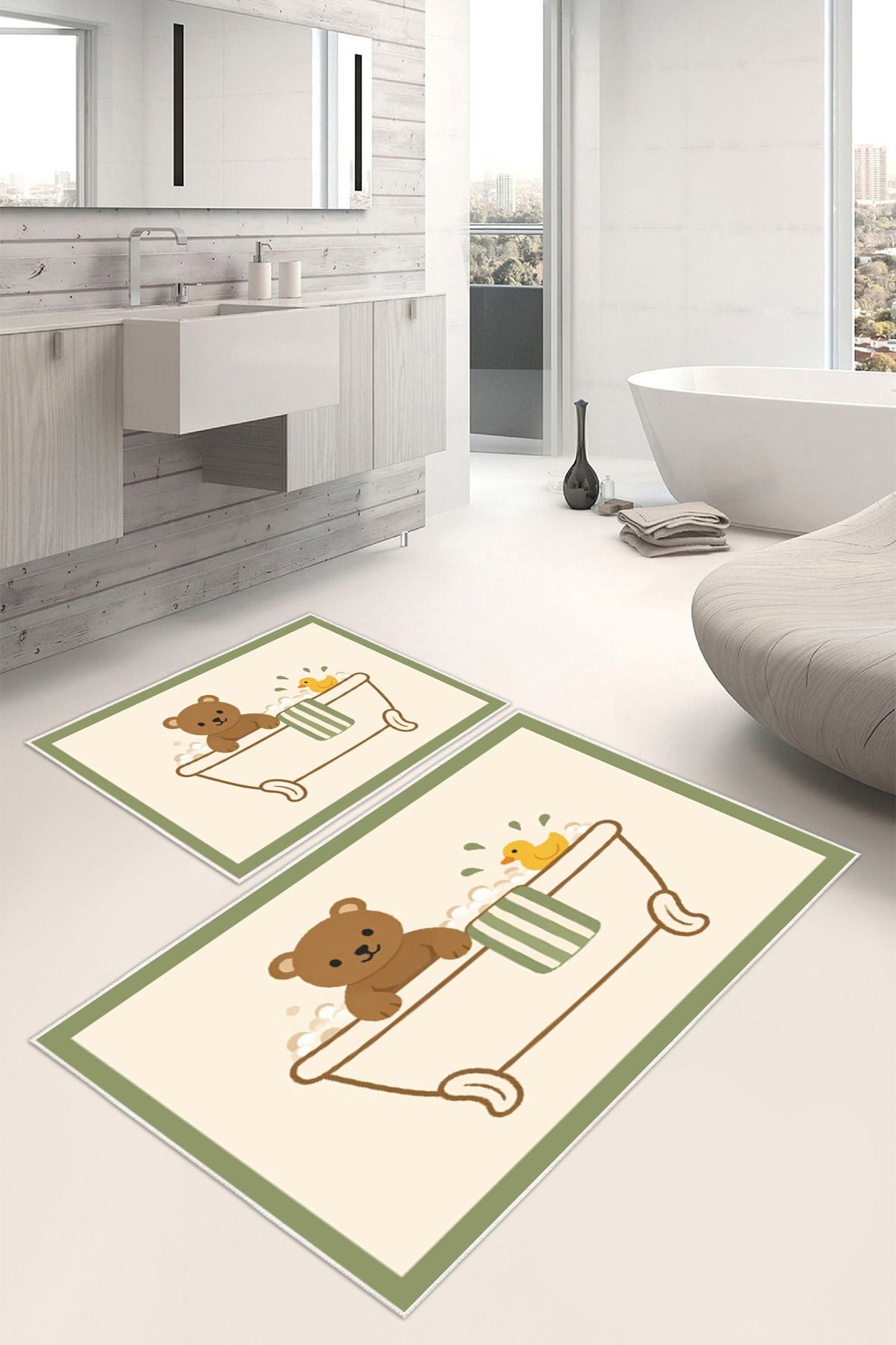 Minik Ayıcık ve Ördek Desenli Dijital Baskılı Yıkanabilir 2li Banyo Paspası (50x60-60x100)