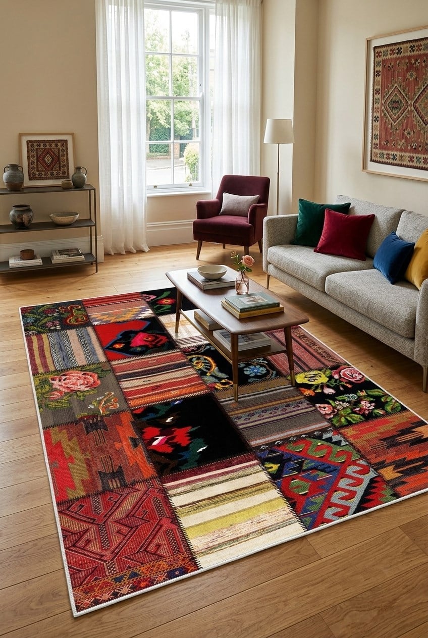 Patchwork Desen Baskılı Yıkanabilir Kaydırmaz Leke Tutmaz Salon Halı Oturma odası Mutfak Halısı Yolluk