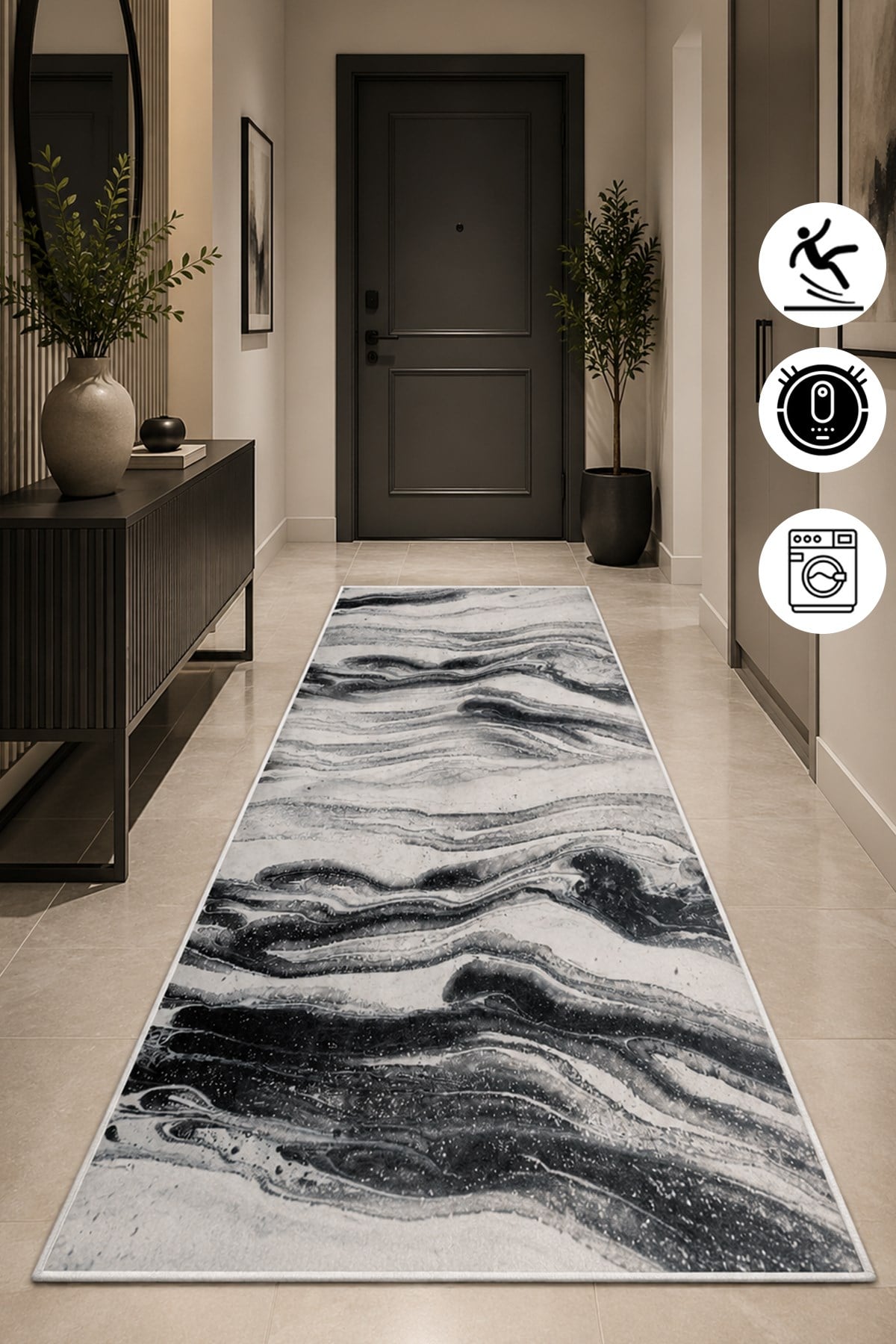Modern Mermer Desen Baskılı Yıkanabilir Kaymaz Salon Oturma Odası Hol Antre Halısı Yolluk