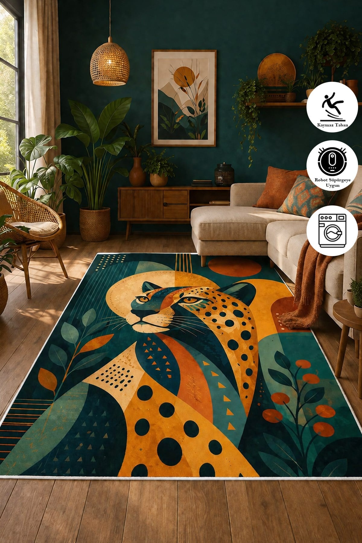 Modern Renkli Leopar Desen Baskılı Yıkanabilir Kaymaz Salon Oturma Odası Hol Antre Halısı Yolluk
